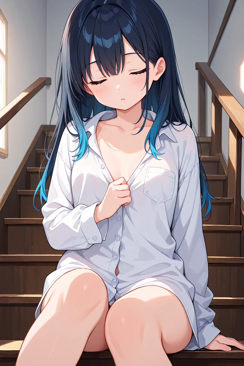 Yukimi, 10., nude,Long Hair, Blunt bangs, Flat Chest, Expressionless, shy, whole body, Highest quality, School classroom、pussy、Angle from below、Kneel、(pussy:1.4)、(Masturbation:1.4)、(male&#39;Head between thighs:1.4)、Striped pattern、Embarrassing、Small nipples
