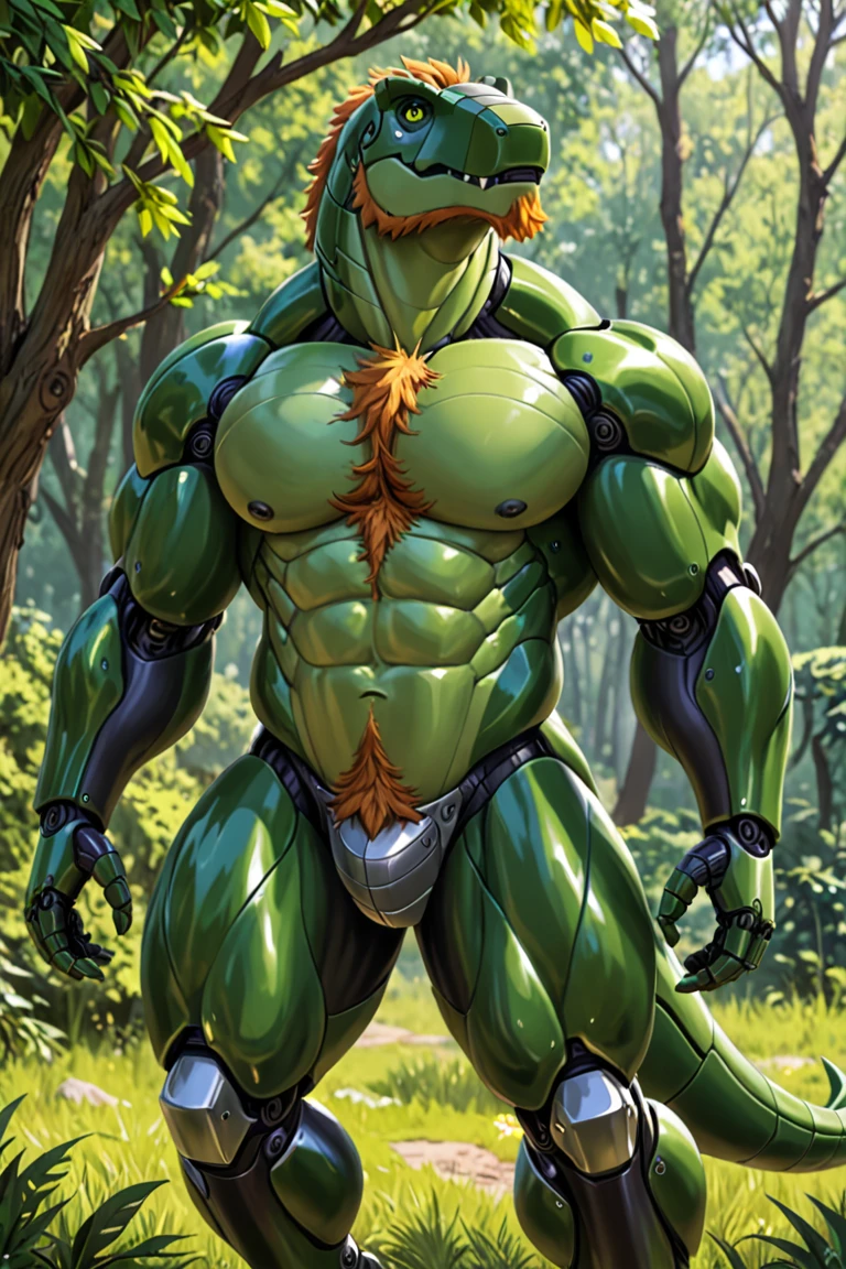 (masterpiece, 4K, ultra detailed), crocodile furry, masculine, sunny, lake, in water, muscular, red messy hair, naked, yellow penis, dark glans penis, balls, green scales, yellow belly scales, front view, looking sideway, red eyes, teenage, single, simple colors, cartoony, anime