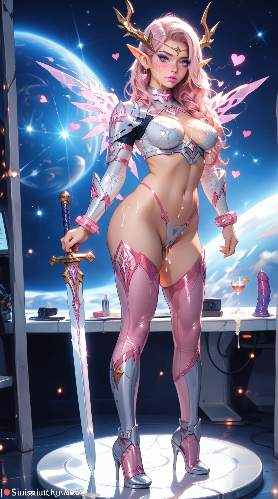 Light blue and red tones，pink nipples，，，white curly hair, Highly detailed, best quality, Details in the palace,Sweating, pink pussy  ,  dark background, 5/6 characters, hair above nipples, open legs, Broken armor