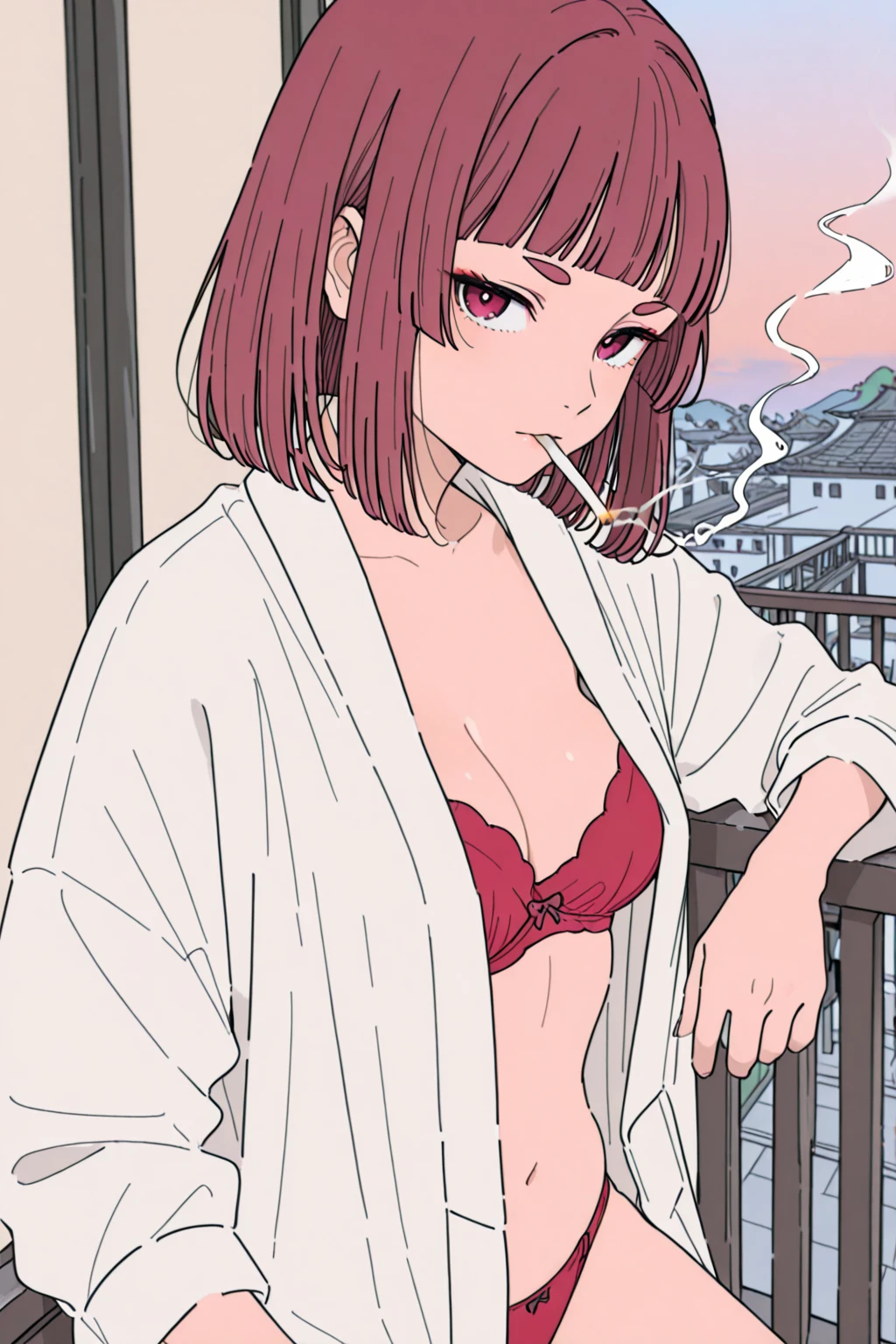 1 girl, standing alone, Bblack hair, shorth hair, Eyes red, Frameless glasses. In a white bra// white panties and wet, flower in hair, approximate photo,, detailed artwork. curved hips, thick-thighs,, bared shoulders, scary basement background,, front viewer, hands on hips, shiny hair, sexy hips. Lips painted dark pink, skin wet, (extreme detailed face), Back, 8K resolution, super verbose, high qualiy,, heart shaped lips. Pose de K-pop