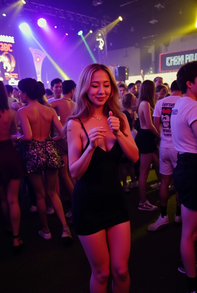 masterpiece, best quality, (photorealistic:1.4), contrapposto, a photo of a beautiful woman, ((in the club, clubbing, dancing, party)), skinny, blonde hair, box braids, detailed face, medium breasts, red lips, big eyes, narrow waist, smiling, skirt, bra, (underboob, rave clothes,
