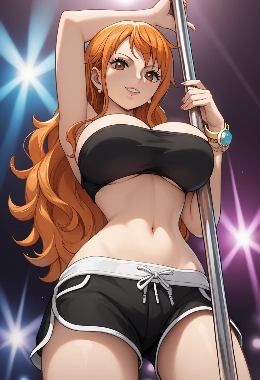 WALLPAPER, detailed background, wrestling stage, wrestling match, ((((drop kick, armpits: 1.1, victory pose: 1.8, hands behind head, very wide wavy ponytail, thick ponytail, very wide voluminous ponytail: 1.7, very wide high ponytail, long wide ponytail))), masterpiece, 4k, (wwe:1.1), turnbuckle, (((wrestling ring cables behind))), wrestling robes, epic, best quality, late youth, adult, wrestler body, strong, 1girl, active, energic, (large mouth) , solo, nami \(one piece\), 1girl, bangle, (open mouth, serious, glaring, open eyes, perfect detailed face, round face) bold drawing lines, detailed bold arm lines, flat jaw, adult woman, wavy wide streaked bangs, floating bang, (big cheeks), bare shoulders, belt, bikini, bikini top only, bracelet, springy breasts, breast lines, big round eyes, very big brown shiny eyes, high eye position, cleavage, denim, earrings, floating hair, shiny hair, green belt, green bikini, bold groin lines, jeans, jewelry, medium breasts, log pose, long hair, looking at viewer, big navel, wet hair, orange hair, pants, shoulder tattoo, sidelocks, solo, standing, stomach, swimsuit, tattoo, looking at viewer, open mouth, detailed left arm, big forehead, hourglass figure, small head, toned body, wide hair, wind effect, narrow small ears angle, older, (((midsection shot only))),