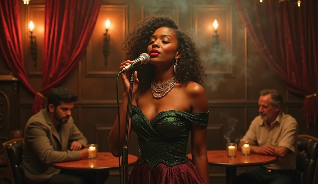 A very sexy black female bluessinger singing in a smokey bar, microphone, t shirt, band playing background