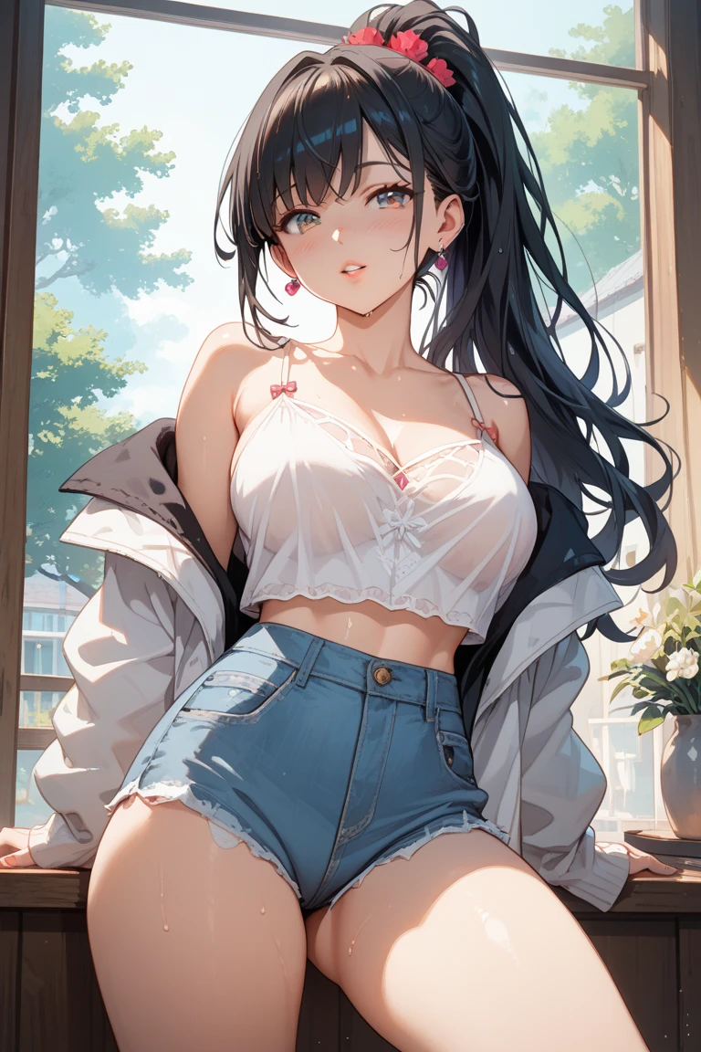 (8K、Highest quality、Highest quality、masterpiece)、Detailed face、One Girl、(Brown Skin:1.2)、Long Hair、Blue Eyes、Serious、(Tank Top、Denim hot shorts、Open Shorts、Unziped shorts、Mini Shorts、Legwear、No Panties、NoPanties、Spread pussy)、labia view、Beach、cloud、vagina、Pussy Lip、Wedgie between Pussy Lips、Big Breasts