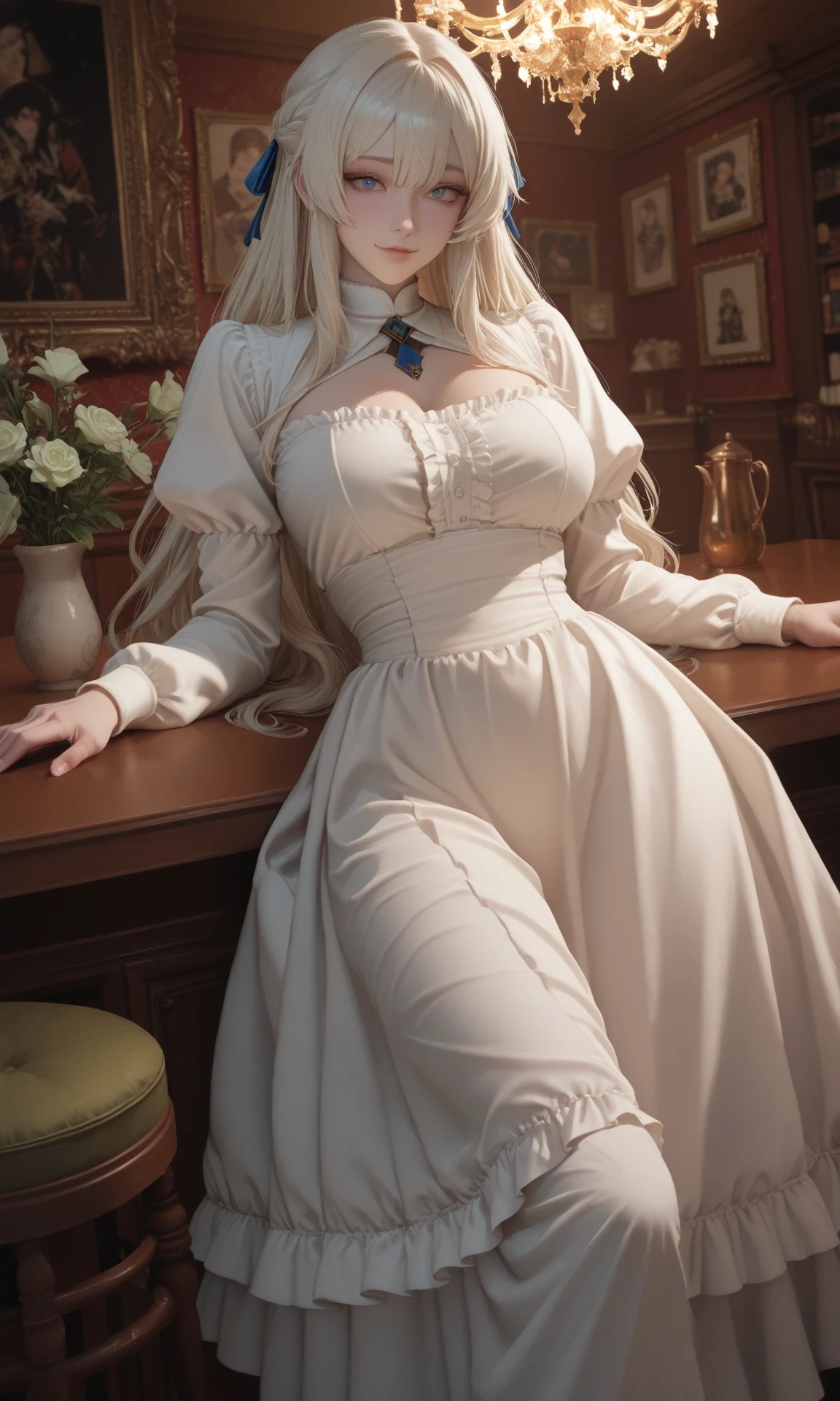 1girl, (blonde, long hair), (medium breasts, slim waist), (blue eyes), wearing white long dress, red shawl, red corset, red female bow tie