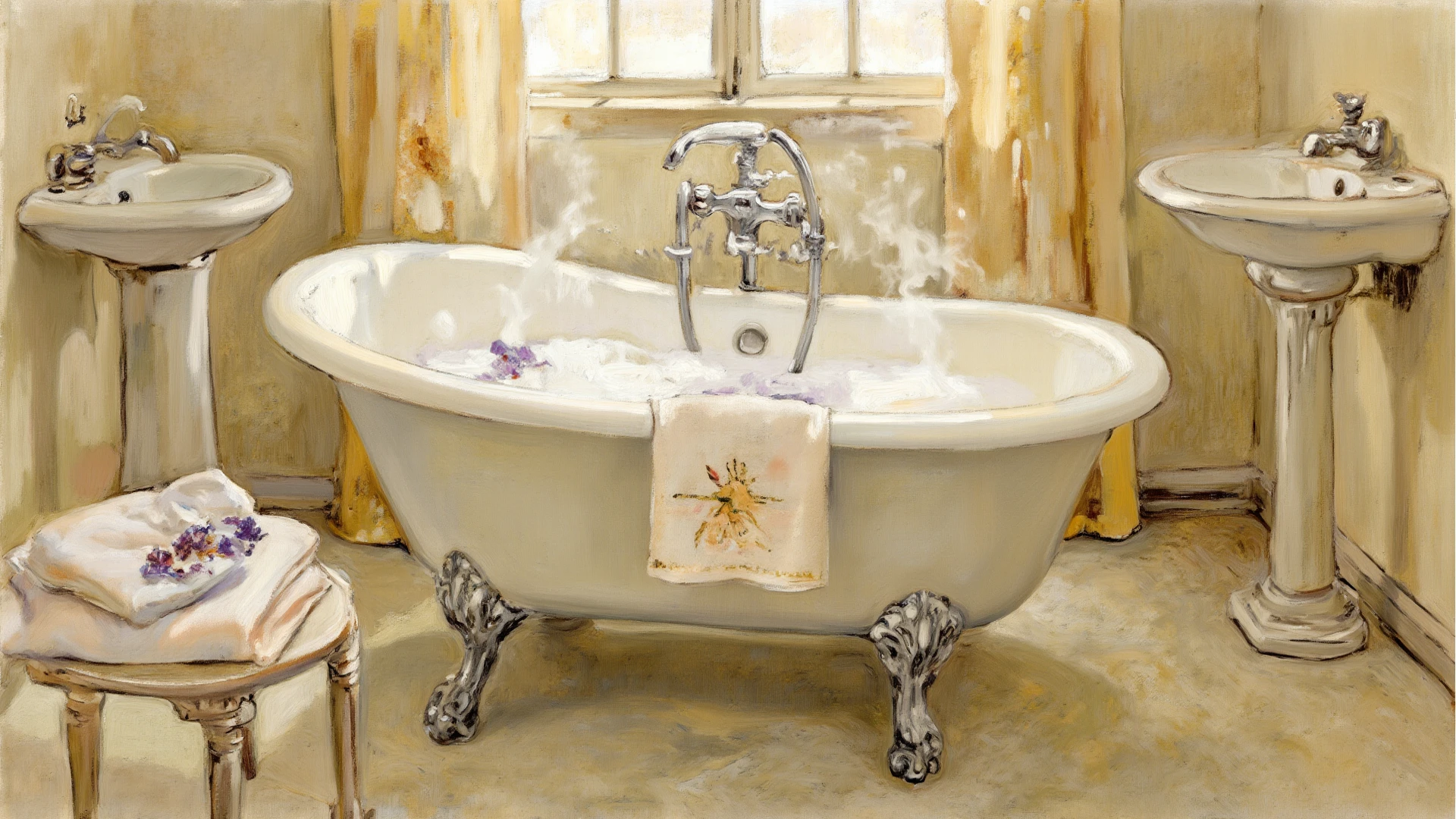 a woman bathing in a vintage style bathroom, smiling, highly detailed, warm color tones, clawfoot bathtub, tiled floors, vintage vanity, candles, luxurious bathrobes, window light, reflections, Rembrandt lighting, oil painting, intricate details, photorealistic, cinematic lighting, hyper realistic