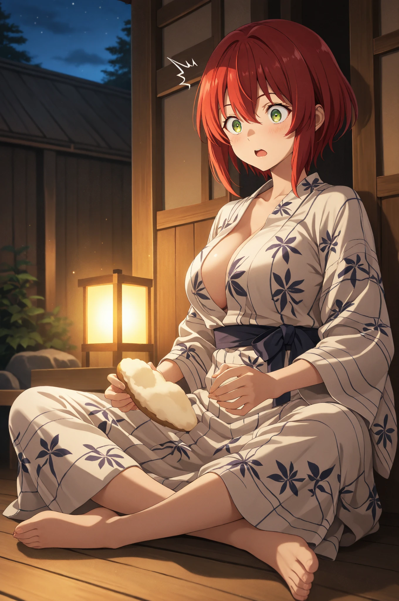 score_9, score_8_up, score_7_up, score_6_up, score_5_up, score_4_up, 1girl, nakano yotsuba, breasts, kimono,, japanese clothes,, blue eyes, orange hair, blush, large breasts, ribbon, hair ribbon, green ribbon yukata, sweat, bangs, collarbone, solo focus, breasts out, nipples, , bath yukata, sash, short hair,, closed mouth, looking to the side, medium hair, hairband, hair between eyes, white kimono, arm under breasts. tits out of clothes, sitting, lap pillow, 1boy, he is using her lap like pillow, nipple sucking