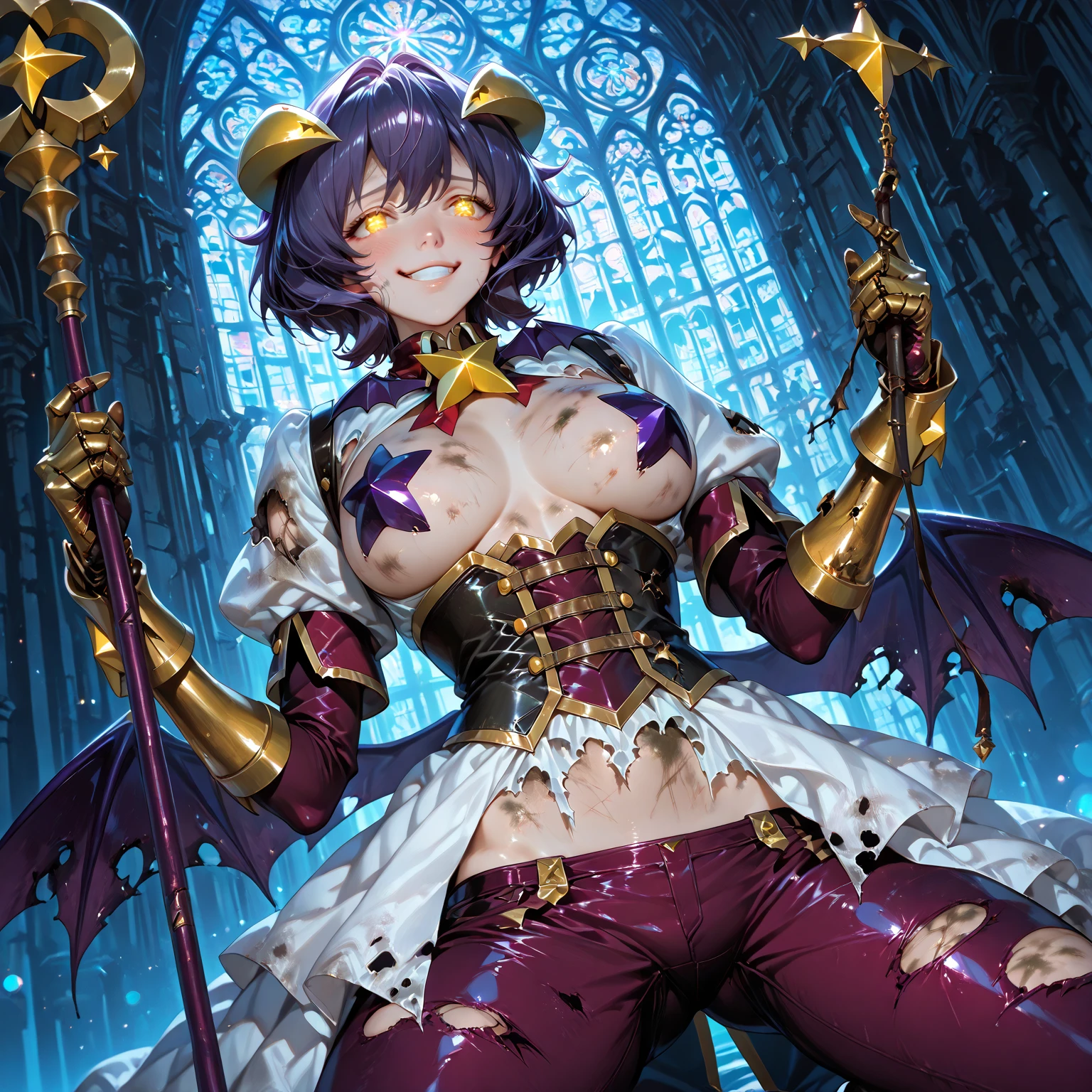 (masterpiece: 1.2, best quality), (1 loli, solo), small breasts, (Dynamic posture), (shiny skin, purple skin), demon girl, purple skin thin and lacy gloves, (small demonic horns:1.1), (Lilith\(Darkstalkers\)), (heaven), fringe, (jewelry, golden ornament:1.15), large pelvis, blue (pantyhose:1.1) --auto --s2