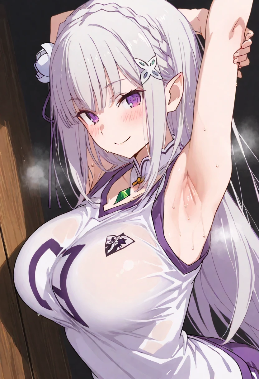 phemilia, 1girl, solo, breasts, smile,((masterpiece,best quality:1.4),ultra-detailed,(intricate details:1.1),cinematic light,short bangs,beautiful detailed eyes,red backround,very wide shot,looking at viewer, (masterpiece), (best quality), (shiny hair), (shiny skin), (shiny skin), solo, twin tail hair, large breast, big , boob curtain, under , ((upper body)), (micro bikini), presenting armpit, bare shoulder, collar bone, (mole armpit), arm up, beach, selfie, cowboy shot, straightened, arms behind head, hands behind head, arms raised, hands in pockets, standing, ((detachable sleeves), (randoseru)), (side ), (bikini)