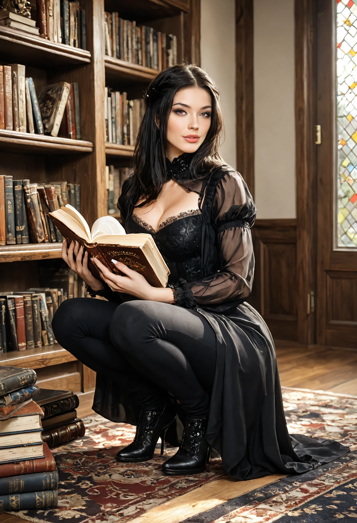 (Meisterwek) gorgeous smiling , flirting with the camera,Bettie page in flowing powerful mighty menacing black flying wizard robes with baroque gold embroidery in a gigantic medieval library, thousands of books, godray