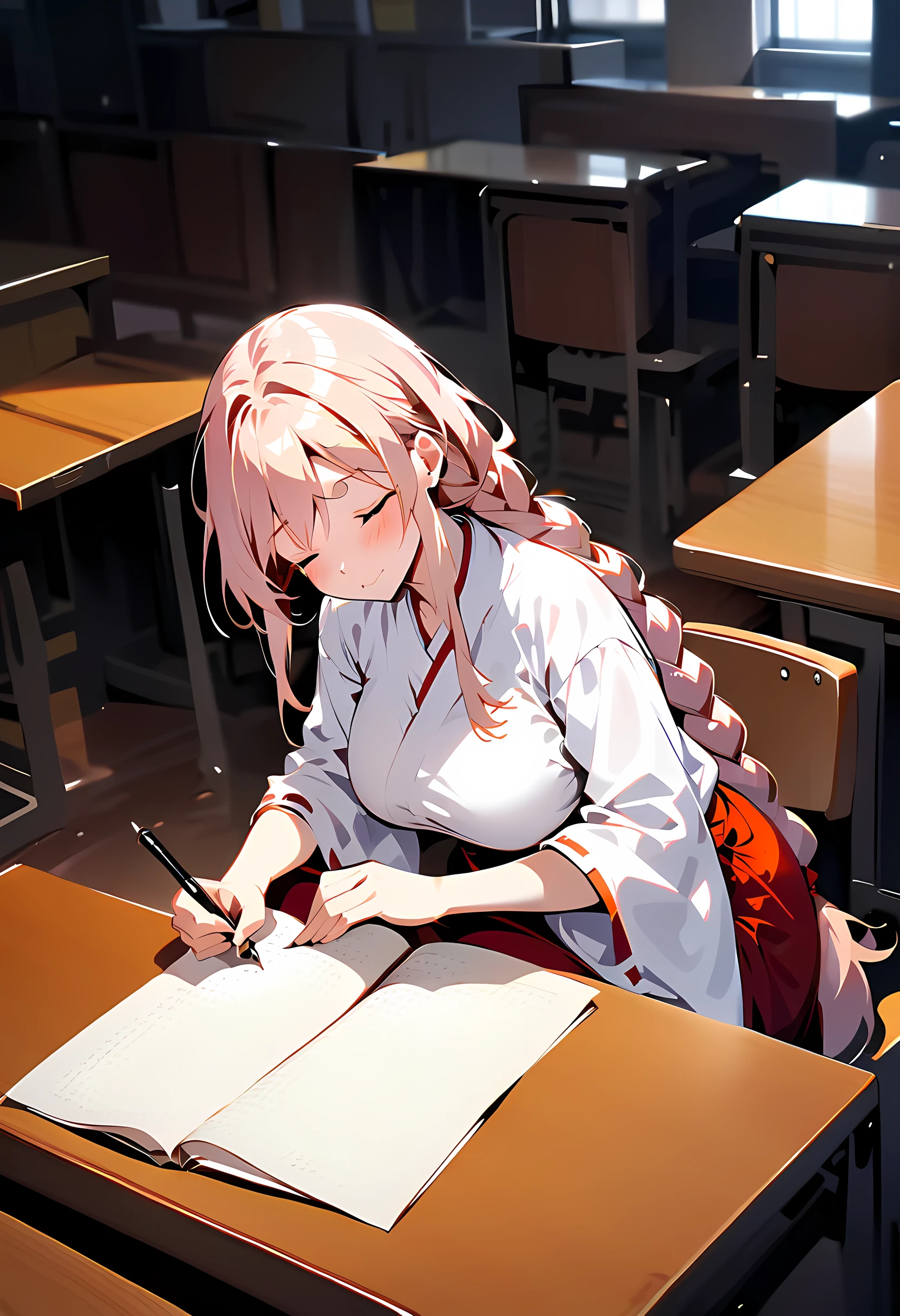 score_9_up,score_8_up,score_7_up,score_6_up,score_5_up,score_4_up,(((1 girl))),(((solo))),(((writing:1.5))),(pekomama),( milf), thick eyebrows, droopy eyes,(((closed eyes))), long hair,braided ponytail,Miko,red hakama,mature female,sitting chair,table,indoor,in the hell,((courtroom)),angle from above,