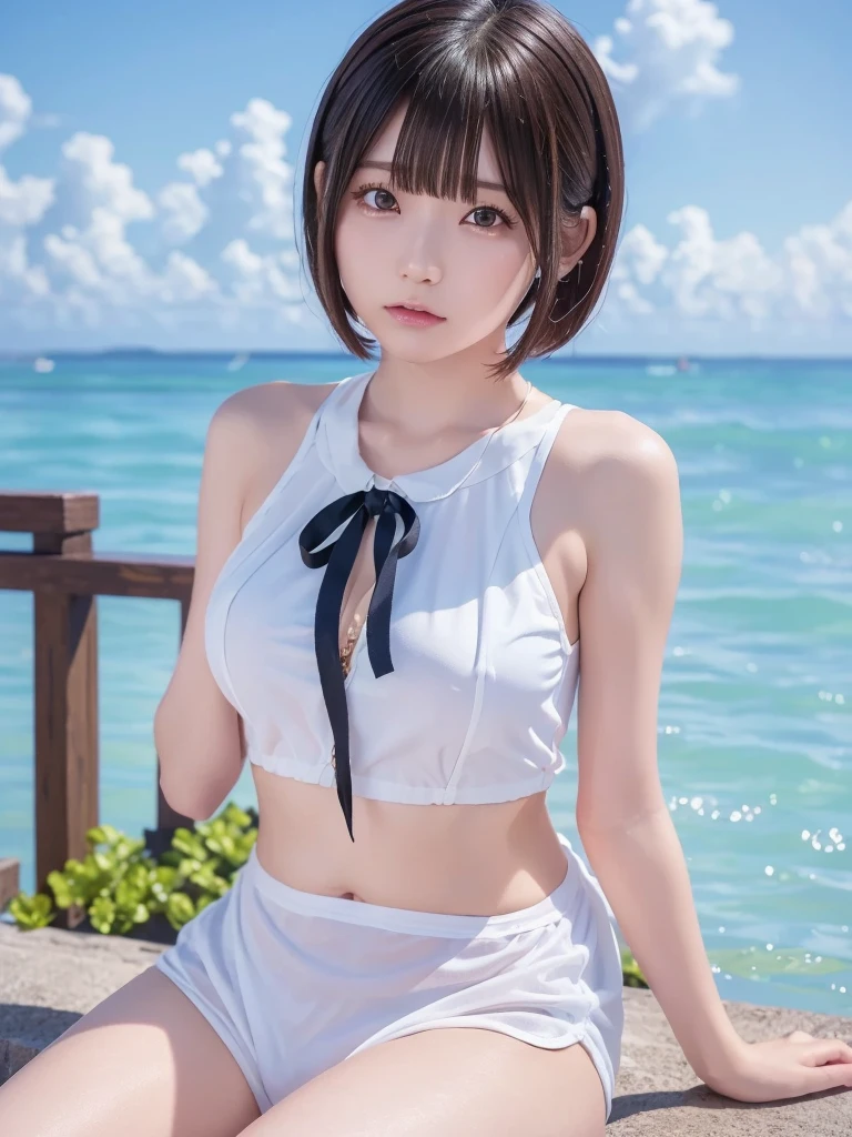 Japanese, 1 girl, 8 years old, smile, (round eyes: 1.3), (short cut hair: 1.3), 
Idol, black hair, 
slim chest, slim waist, (small bust: 0.9), 
floating in pool, wet pants, wet hair, wet shirt, 
hot pants, (high legs: 1.6), white hot pants, 
no sleeve shirt, white shirt, (short shirt: 1.1), 
belly button is visible, hands raised, armpits visible, 
collarbone visible, tight abdomen,