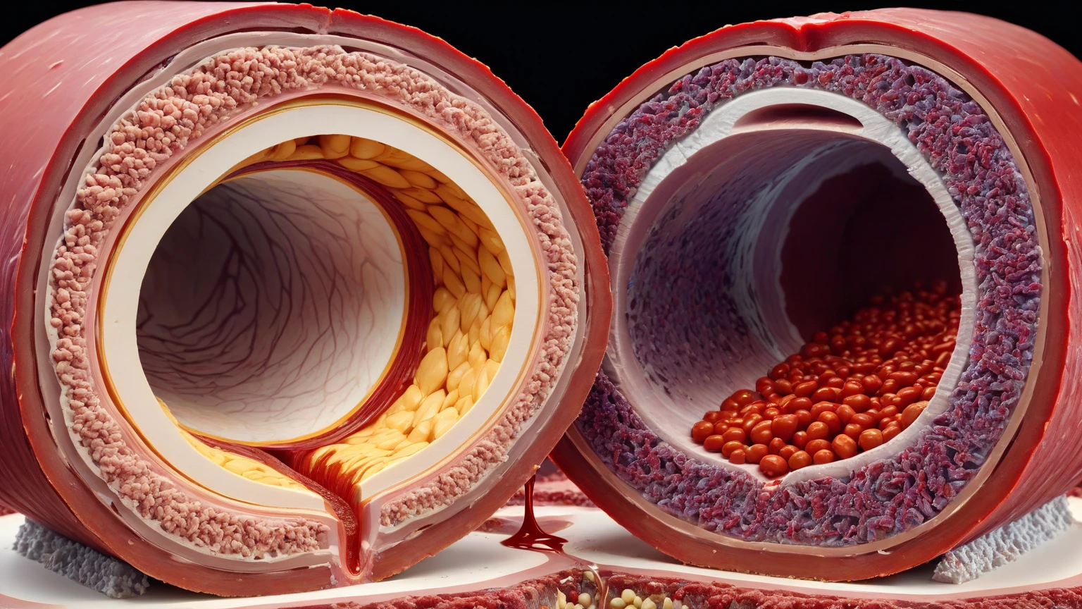 Create an an image of a person with Peripheral Arterial Disease, showing cross-sections of both arteries, highlighting the blood flow and plaque buildup