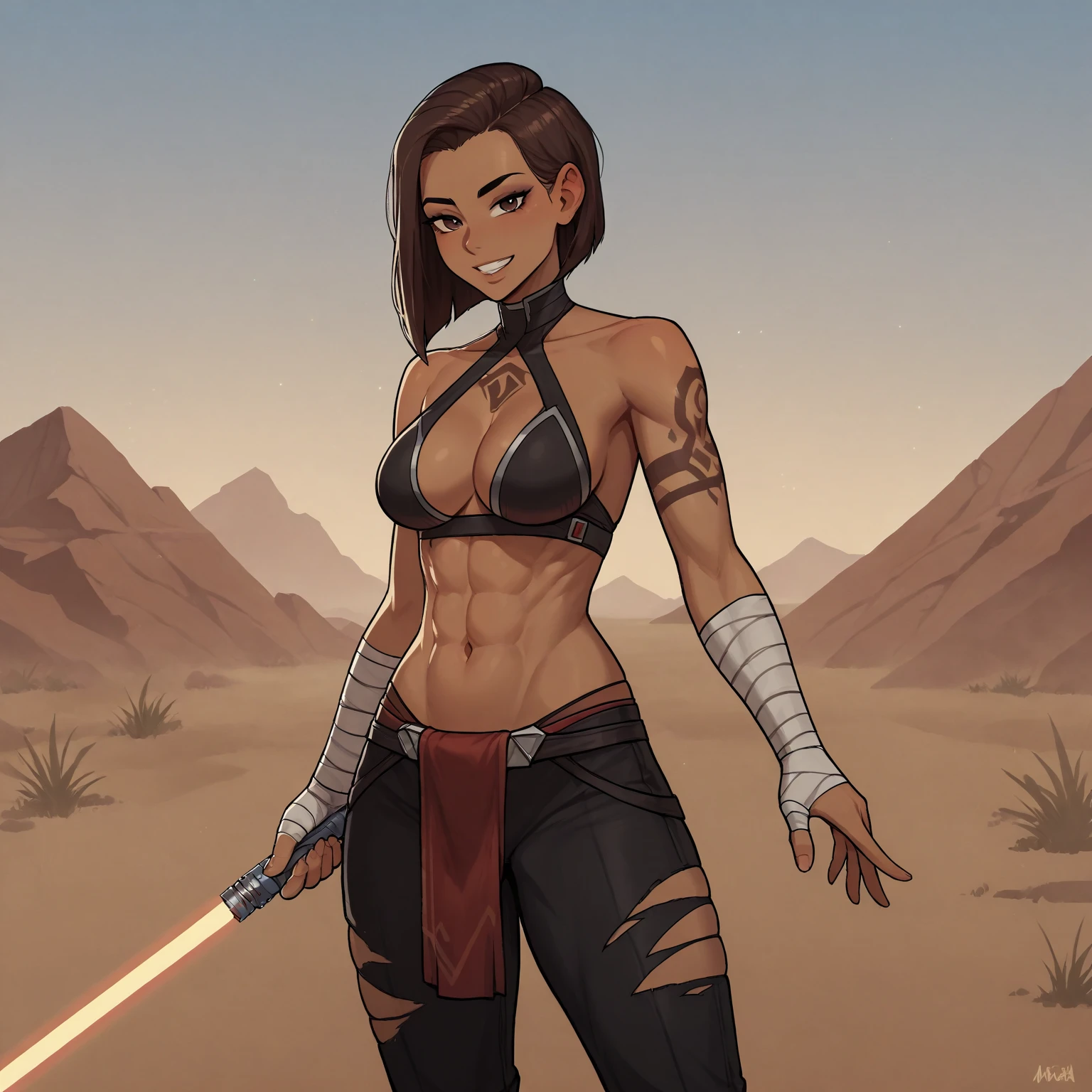 1 girl, Sombra from overwatch, (dark skin female:1.3), naked, medium breasts, sweating a lot, black eyes, upper body, confident, looking at viewer, tongue out, pistol in hand, pointing at viewer, forest background