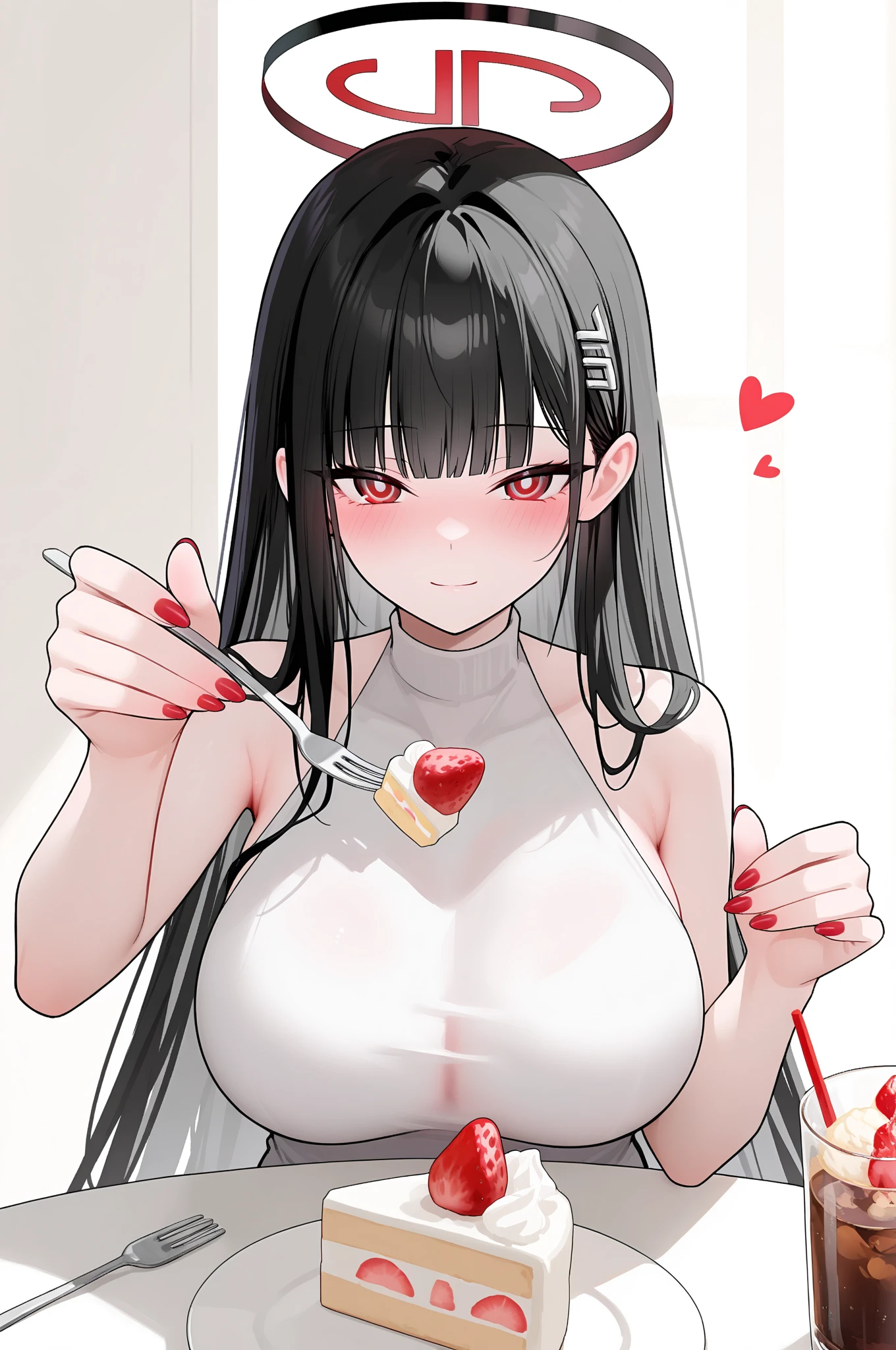 Young women，Black long hair，big eyes，Beautiful face，Wearing a black loose T-shirt，Having male genitalia，The hem of the T-shirt covers part of the lower body，Male genitals push up the shirt，Kneel in front of the mirror，Hands grasp the chest，Breast deformation，Fingers stuck in chest expression of surprise and confusion，Stick out your tongue，White fluid leaking from chest，Red cheeks，Slight sweating。