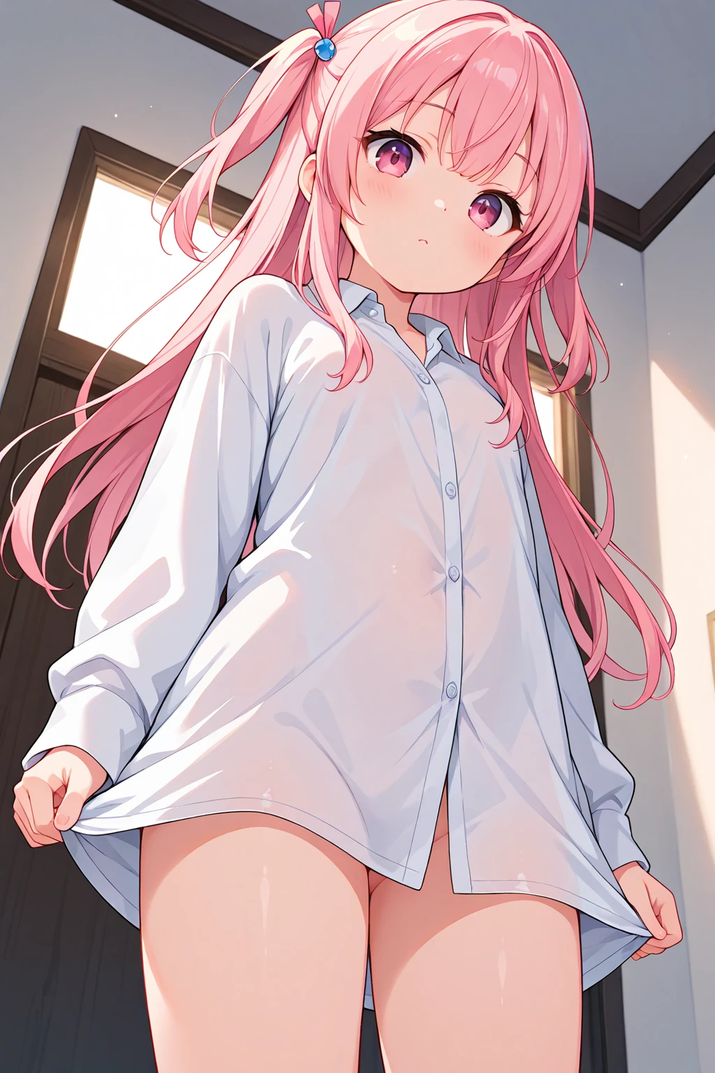 top-quality、masutepiece、in 8K、Pastel tones、girl with、Pink hair、(Twin-tailed)、Long hair、View from the side、is standing、Unbutton the short-sleeved blouse to reveal the bra.、Wearing only panties、bare-legged、ssmile、livingroom