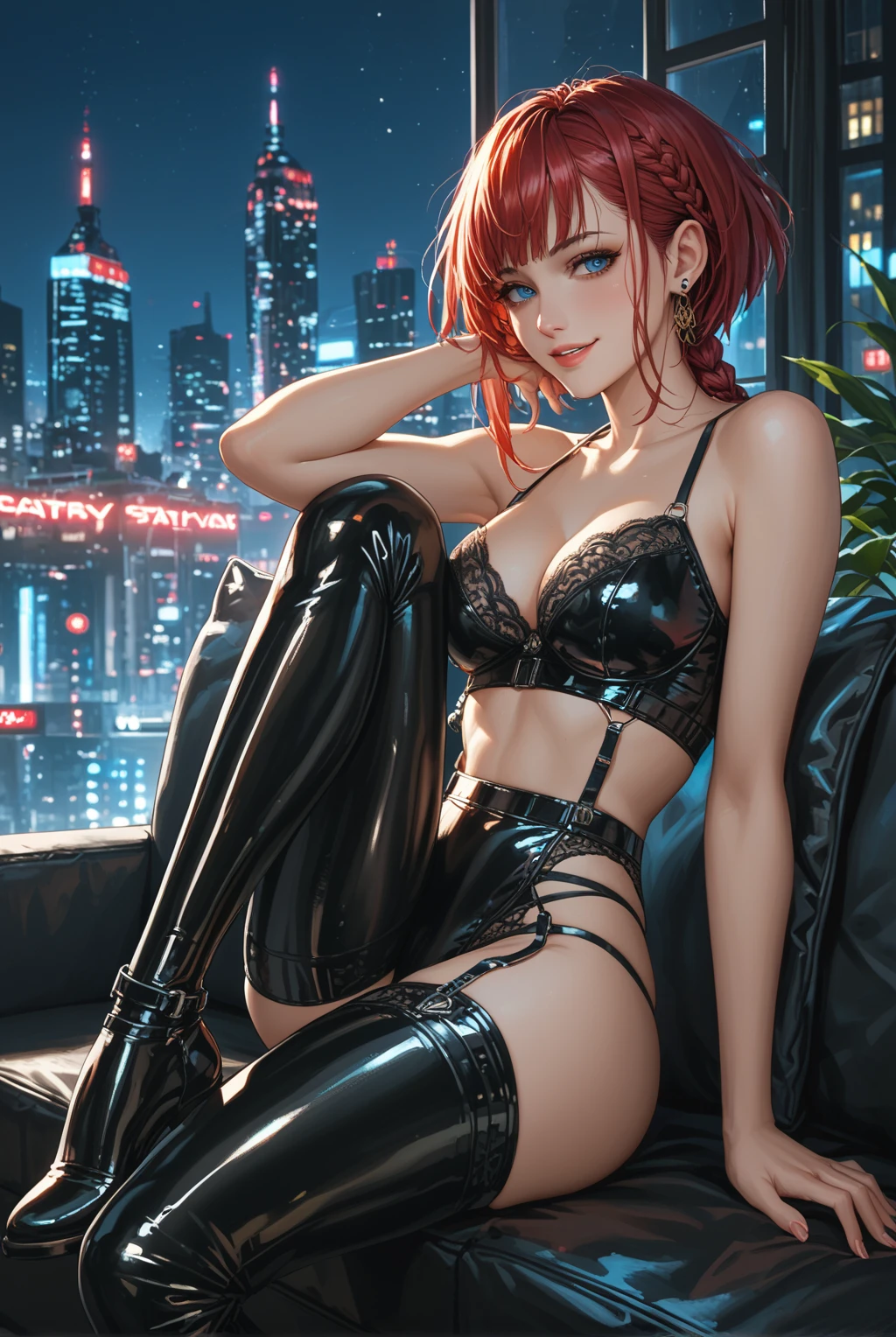 (masterpiece)(8k)(cute)(facial close-up)(from above) a 18-year old girl, white apron, sitting on chair, leg hanging over armchair, orange hair, short hair,  wild messy hair, flat chest, white bandana, choker necklace, (visible panties:1.3), e-girl, gamer, punk, lime green pupils, eyeliner, seductive smile, horny,  (glossy lips:1.2), shiny lips, eyeshadow, night, modern architecture, rossdraws pastel, digital wallpaper art, anime 8k style, blurry background