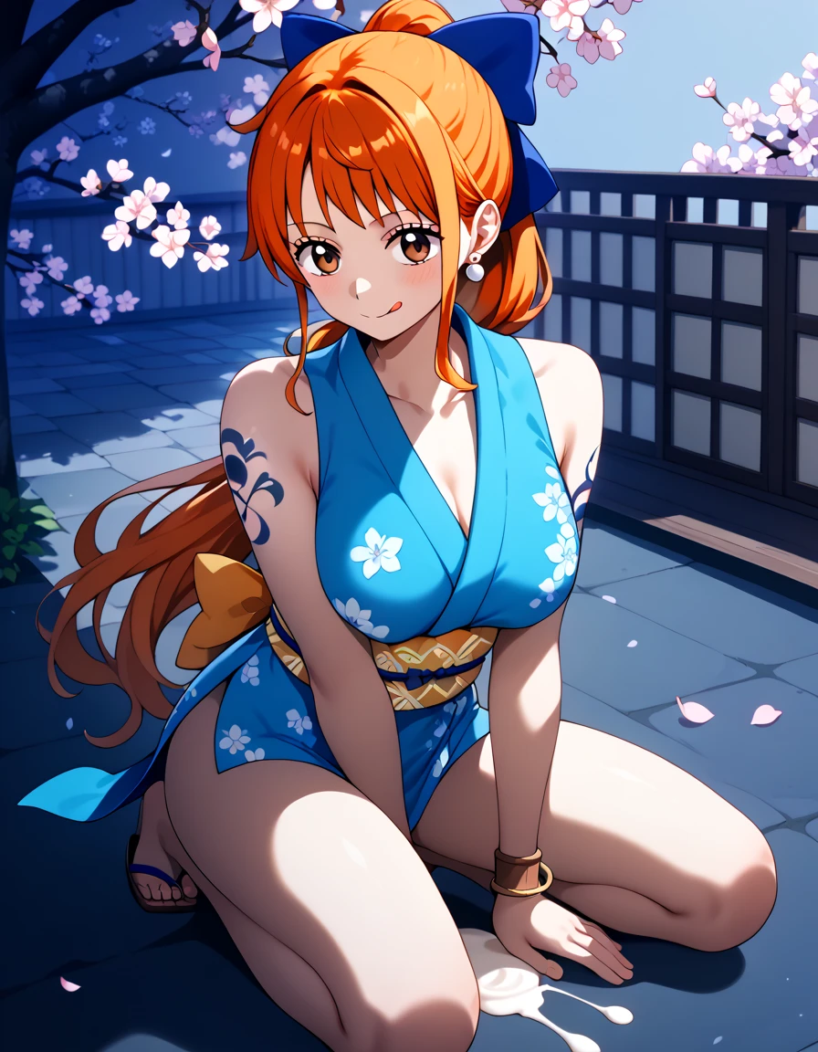 (masterpiece, best quality:1.2), intricate details, <lora:GoodHands-beta2:1>, <lora:yamato_cosplay-000010:0.8>, yamato cosplay, 1girl, sideboob, shimenawa, sleeveless, rope, hakama, <lora:nami:0.8>, nami, long hair, tattoo, orange hair, earrings, smile