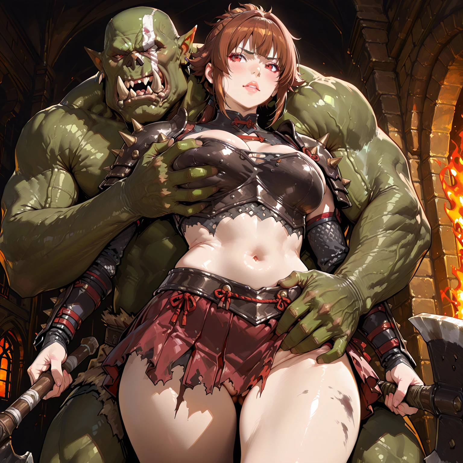 (masutepiece:1.2), (Best Quality:1.2), (Extremely detailed:1.2),((1girl in、maturefemale、Narrow-eyed、Slender eyes、shinny skin、red blush、Light wavy dark brown hair, Brown-eyed))(top-quality, 8K, 12), huge-breasted, the perfect body, ultra detail face,(masterpiece)), ((Top image quality)), (The ultra-detailliert), ((Very detailed)), 4K, (8K), top-quality, (Beautiful fece),((World-class quality)), (Detail Shading Pretty Face), ((droopy chest))), (Cave Prison、prison、Dim Dungeon)、((Colossal tits:0.8、(beutiful breast:1.2、Detailed nipples、large areola、bulging areol、Puffy nipples、Beautiful nipples、nudde、toppless、bottom less、White and perfect female hands)))、((orcs、Big penis:1.3、rough sex、gang-rape、ssex、SEX,and, srestrained, Black Band、Chained, Oaksol))、 Deep penetration,Perspective, zoomed in, multiple boy, prisoner, masterpiece, Best Quality, Highly detailed、(orczor、Multiple Man Orcs、Orc skin color and penis and finger color are the same、Orcs and women having sex、A woman is sucking an orc's penis、Woman orc penis、Woman holding an orc penis between her breasts、An orc holding a black whip in his hand is hitting a woman's buttocks and chest、An orc is rubbing a woman's chest、fellatio、deepthroat、irrumatio、wet、cum overflow、cum on body)Random angles coming soon,(shoulder blade, bracelet, armlet, collar, shoulder armor, heterosexual)