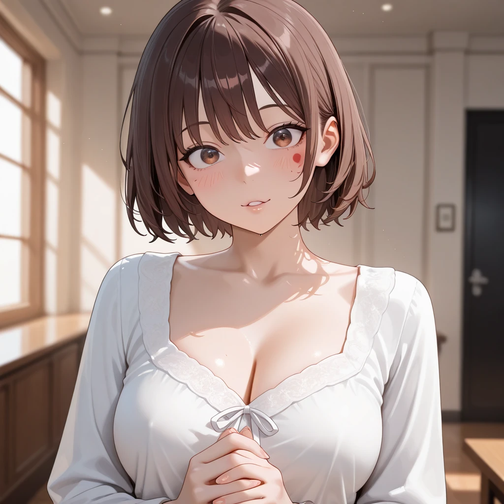 night, Raw photo, (((Very beautiful portrait))), (Very beautiful portrait))), 1 Girl, Sexy 25 year old girl, ((Natural brown short hair)), [Brown eyes],A gentle smile looking at the camera(Cleavage), ((masterpiece, 最high quality, Super detailed, Cinematic lighting, Exquisite detail, High resolution, 8K, Very detailed)), Detailed Background, 8K Ultra HD, Digital SLR, Soft lighting, high quality, Film Grain, Fujifilm XT3, Shallow depth of field, Natural light, Perfect Face