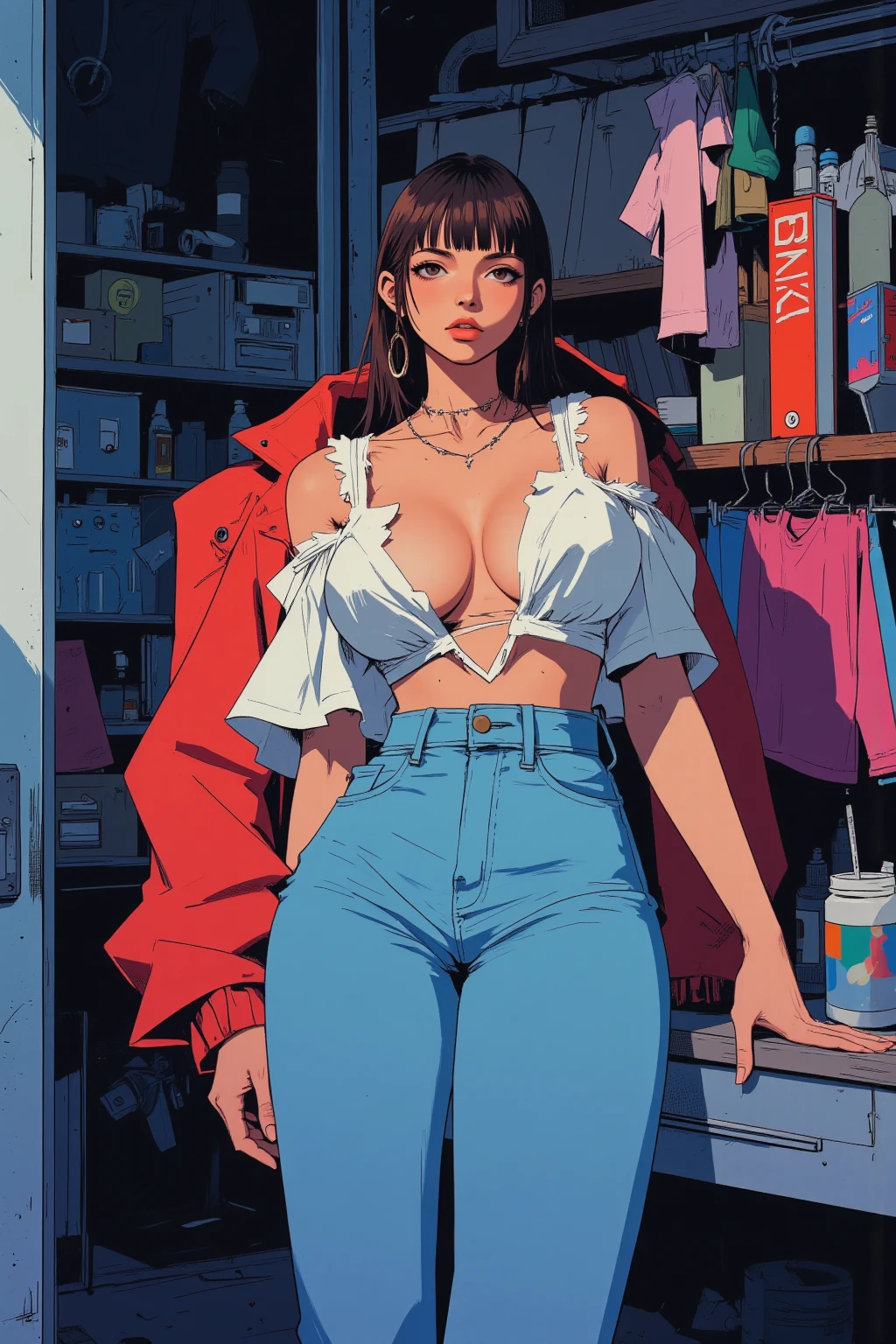 cute pit girl,(((1girl))),((pit girl with extremely cute and beautiful brown hair)),
(large breasts:1.4),saggy breasts,(((brown wavy hair:1.35,colored inner hair,ear breathing,large hair))),((heterochromia:1.5, (yellow_eye and pink_eye))),intricate eyes,beautiful detailed eyes,symmetrical eyes,big eyes:1.3,,((fat)),(((olive skin,lustrous skin:1.5,bright skin: 1.5,skin tanned,shiny skin,very shiny skin,shiny body,plastic glitter skin,exaggerated shiny skin,illuminated skin,wet legs))),(spider lower abdomen,narrow waist,wide hip,athletic body,inflated legs, thick thighs,detailed body,(detailed face)),
cute,slutty,seductive,erotic,(nsfw),
zettai ryouiki,(((race queen style costume, attractive companion costumes,pit girl costume))),(magenta suit unbuttoned,magenta costume),(((huge cleavage))),cleavage cutout,((wet clothes,intricate outfit,intricate clothes)),
(dynamic pose:1.0),solo focus,embarrassed,(centered,scale to fit dimensions,Rule of thirds),
cyberpunk city by the ocean at night, with bright neon signs and dark stormy clouds and puddles, scenery:1.25,nighttime, starry night, cosmos,Very dark night that makes the neon lights stand out, very bright neon lights,nighttime, starry night, cosmos,
artistic photography,(photography taken by sldr),highres, sharp focus,(ultra detailed, extremely detailed), (photorealistic artwork:1.37),(extremely detailed CG unity 8k wallpaper),((synthwave background theme)),(((vibrant colors))),intricate,(intricate background),(masterpiece),(best quality),perfect rendered face,perfect face details,realistic face,photo realistic,analog style,((intricate detail)),(((realism))),