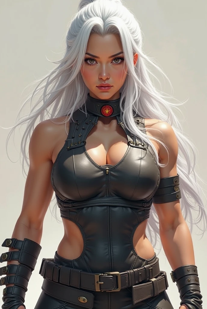 Strong female warrior with lean muscular build, ice blue eyes, long wavy silver hair with natural blue streaks, medium tan skin tone and elaborate tribal scars and tattoos on the body, long, flowing black leather coat with a high collar, fitted, black sleeveless tunic which is cinched at the waist with a wide belt, black leather fingerless gauntlets, black slim fitting leather pants, black sturdy boots.
