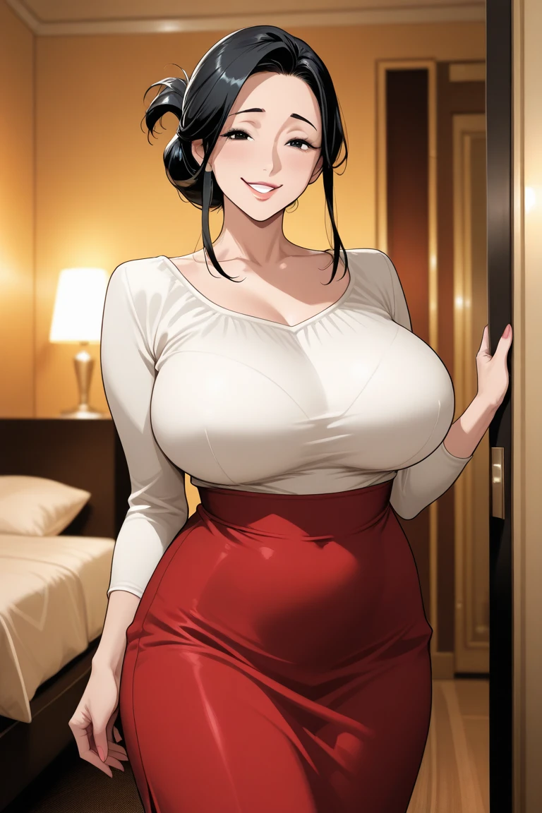 masterpiece, ultra high-quality, extremely detail 8k cg, high resolution, 1girl, kurenai yuhi, black hair, red eyes, thin body, huge breasts, bursting breasts, bra, highleg panties, beautiful face, indoors, cowboy shot
