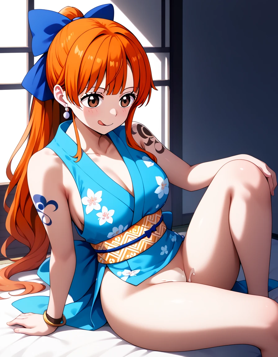 Garota anime ruiva com kimono justo colado ao corpo, kimono purple florado muito lindo e sexy, 16 anos, agachada, sentada com pernas cruzadas, corpo bonito, seios grandes, with your hands behind your head, running your hands through your hair, garota sexy, red hair with braid, gorgeous lighting, sombras suaves, olhos azuis, pernas bonitas, hair with braid, estilo anime, Ranma Chan, Autora Rumiko Takahashi, Baseado em obra de Rumiko Takahashi, Anime Ranma 1/ 2, decote sexy, quadril robusto, corpo inteiro, corpo completo, busto grande, garota jovem com corpo belo e bonito, sandals on the feet, garota 16 anos jovem baixa estatura, vestindo kimono justo purple florado lindo e sexy, garota anime, estilo anime, beautiful feet in sandals, sitting on the floor, viewing angle 45°