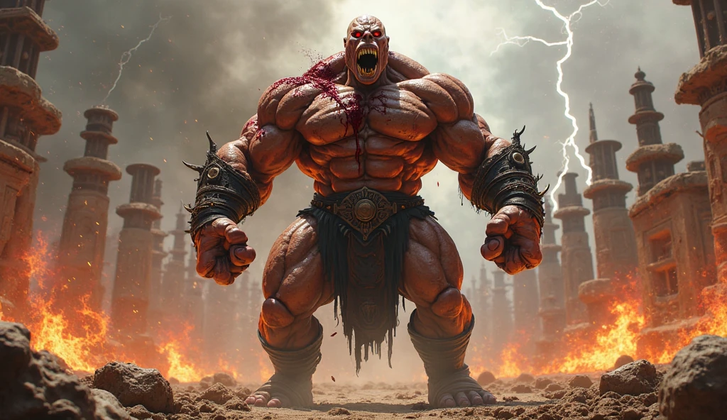((best quality)), ((masterpiece)), (detailed), ((2man are fightings)) the enemy(side angle) yealing anger at the warfield (god of war)(kratos), ((painted skull face)), so many army of evil, big athletics body, sixpack, using blades in the desert rocks, (one man got hit and bleedings) by kratos axe and the bloods comesout from the body, semi dark, dusty red blood backgrounds 