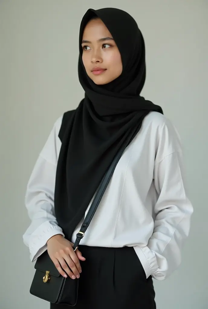A sweet beautiful young Bogor city girl, 17 years old, sweet georgeus round childish face, white pale skins, big wide forehead, cute hawk type little nose, big round eyes,  dark big mole under her eyes, very slim little  body, slim legs, very slim buttock, straight neck short slim  hairs, dark brownish small mouth, sensual thin uper lip, sensual heavy lower lip, small size teenage breasts, descent mixed from sundanese and javanese,  shy and quite type girl, her name is Salma, sweaty thin straight medium short  black hairs with a bangs, standing cheerful  spread legs at her home yard, wearing white thin hijab that covering all her hairs and ears, wearing white buttoned thin Indonesian long sleeve school dress, wearing grey kneel long muslimah skirt,  sun shine shining to all  her body, sweat on all her skins and hairs, sweaty face, cute sweet smiling to us, wearing glasses, wearing white short socks,  wearing sport shoes, 