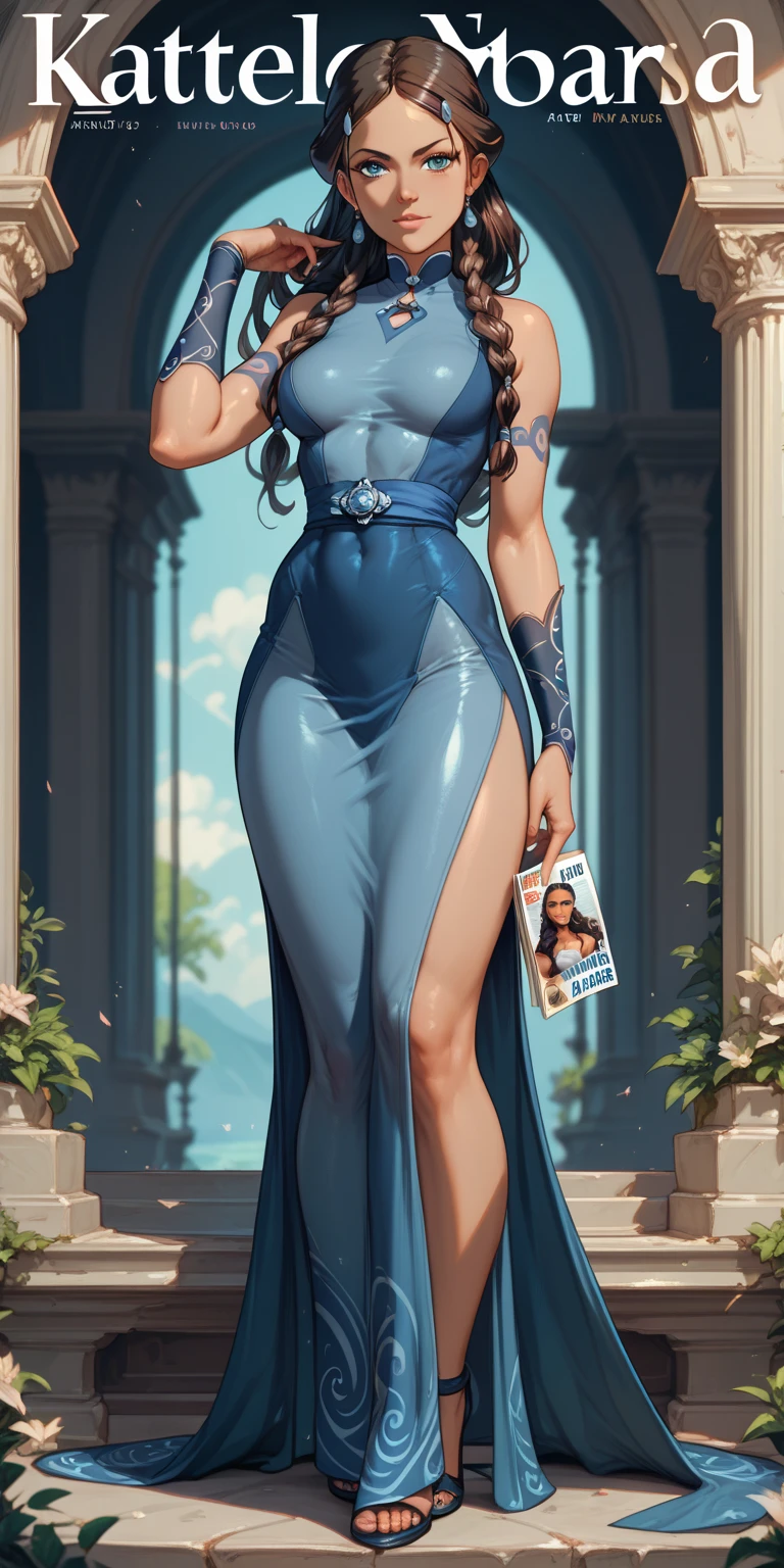 8k, (full body shot:1.2), very young slim fit girl, rounded face, (blue hair:1.4), long straight hair, (big blue eyes:1.3), shy smile, perfect small breast, look at you, (clean scene:1.4), accurate small nose, nipples trough clothes, no pantie, break dress, satin, sparkling, side slit, night, holds hands behind back, bottom view, samantha, perfect figure