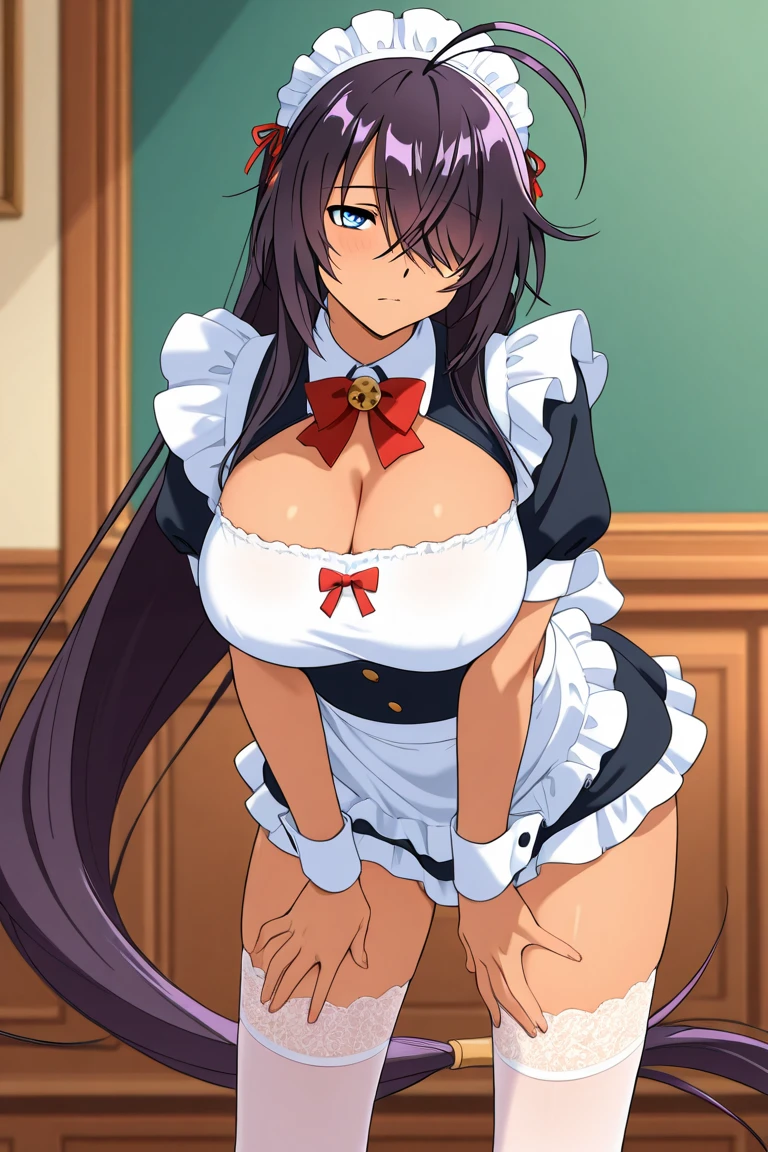 Himejima Akeno、long hair、blush、smile、one person、dirndl、underboob、put your hands behind your back、squat、spread your legs wide、invite