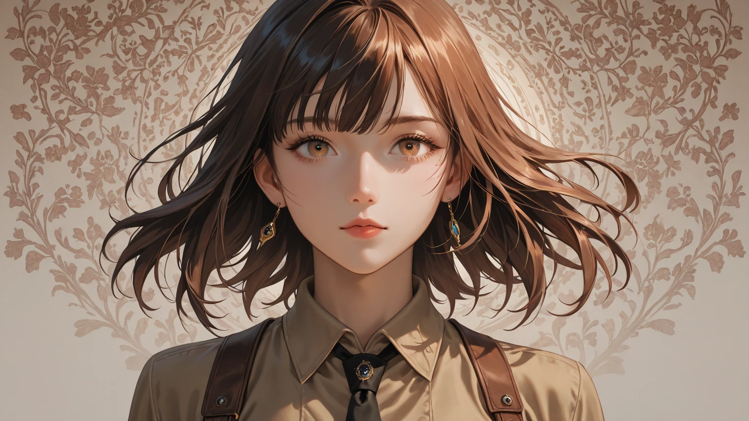 (8K, Best Quality, Masterpiece, Ultra High Resolution) 1 Girl, Woman, Beautiful Eyes, Face Details, Dark Hair, Hair Tied Up, Gold Eyes, Pale Skin, Tan Colored Military Uniform, Tan Jacket, White Fitted Shirt, Outside, Military Camp, Countryside, Best Quality, Upper Body, Looking at the Viewer, Facing Viewer, Close Up