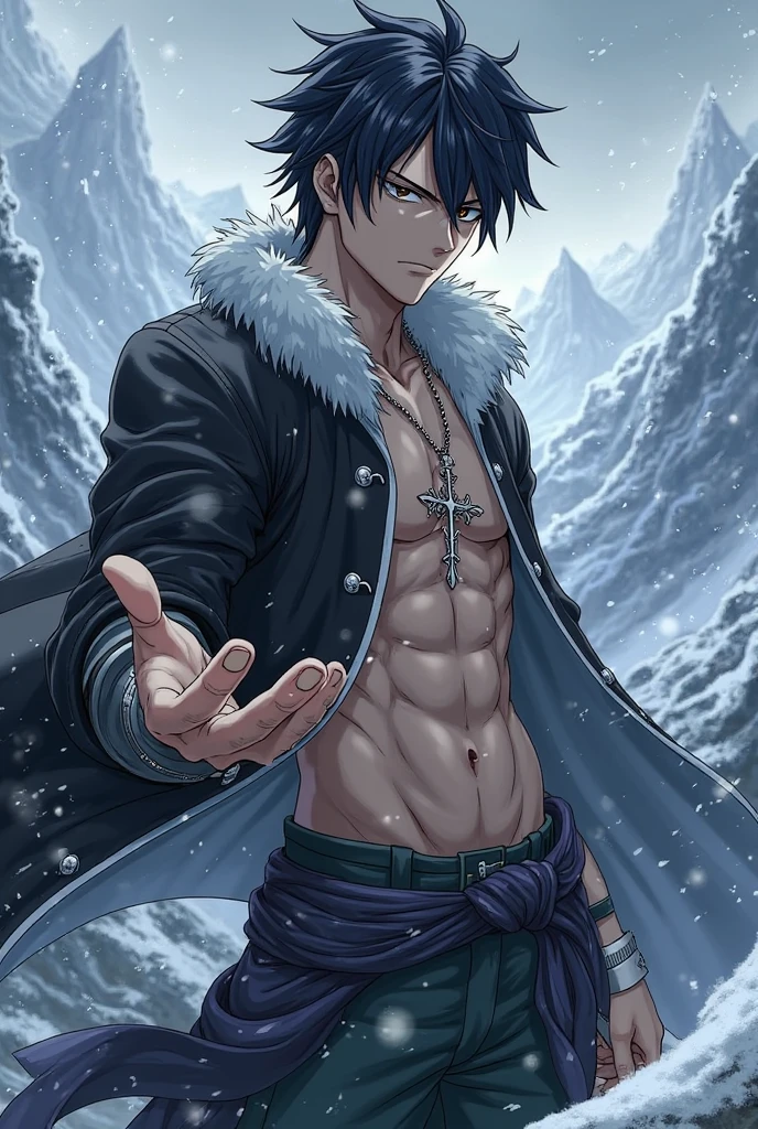 Ultra detailed, Highres, absurdres, HDR, Ulquiorra Cifer, black hair, expressive green eyes, pale skin, white coat with patterns with a hoddie, Bleach, white flowers, winter, ice, snowflakes, petals, handsome, sexy man, solo, very detailed eyes and face, ice butterflies, master piece, toned chest, glittering