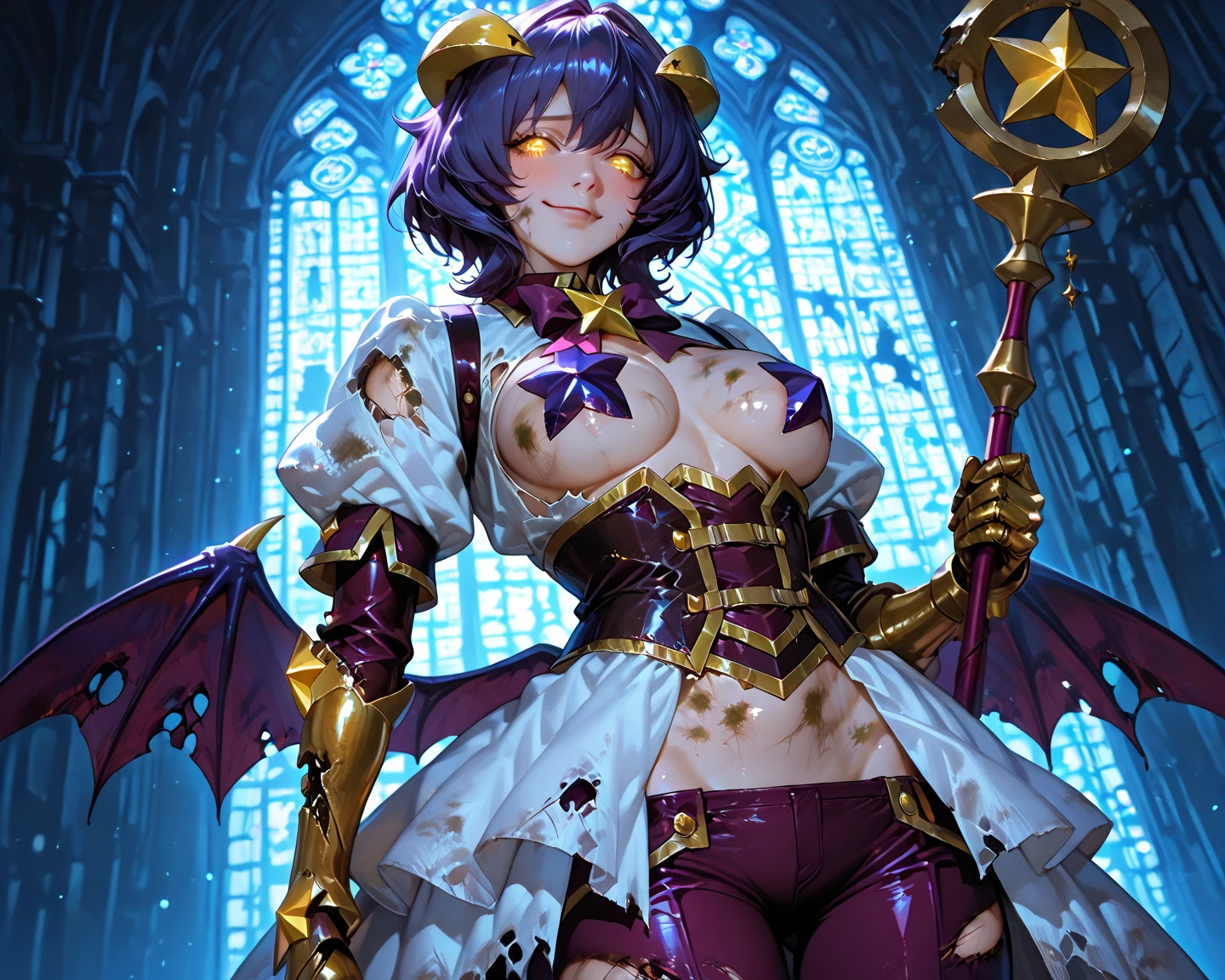 (masterpiece: 1.2, best quality), (1 loli, solo), small breasts, (Dynamic posture), (shiny skin, dark purple skin), demon girl, purple skin thin and lacy gloves, ( small demonic horns:1.1), (Lilith \(Darkstalkers\)), (heaven), fringe, (jewelry, golden ornament:1.15 ), large pelvis, blue (pantyhose:1.1)
