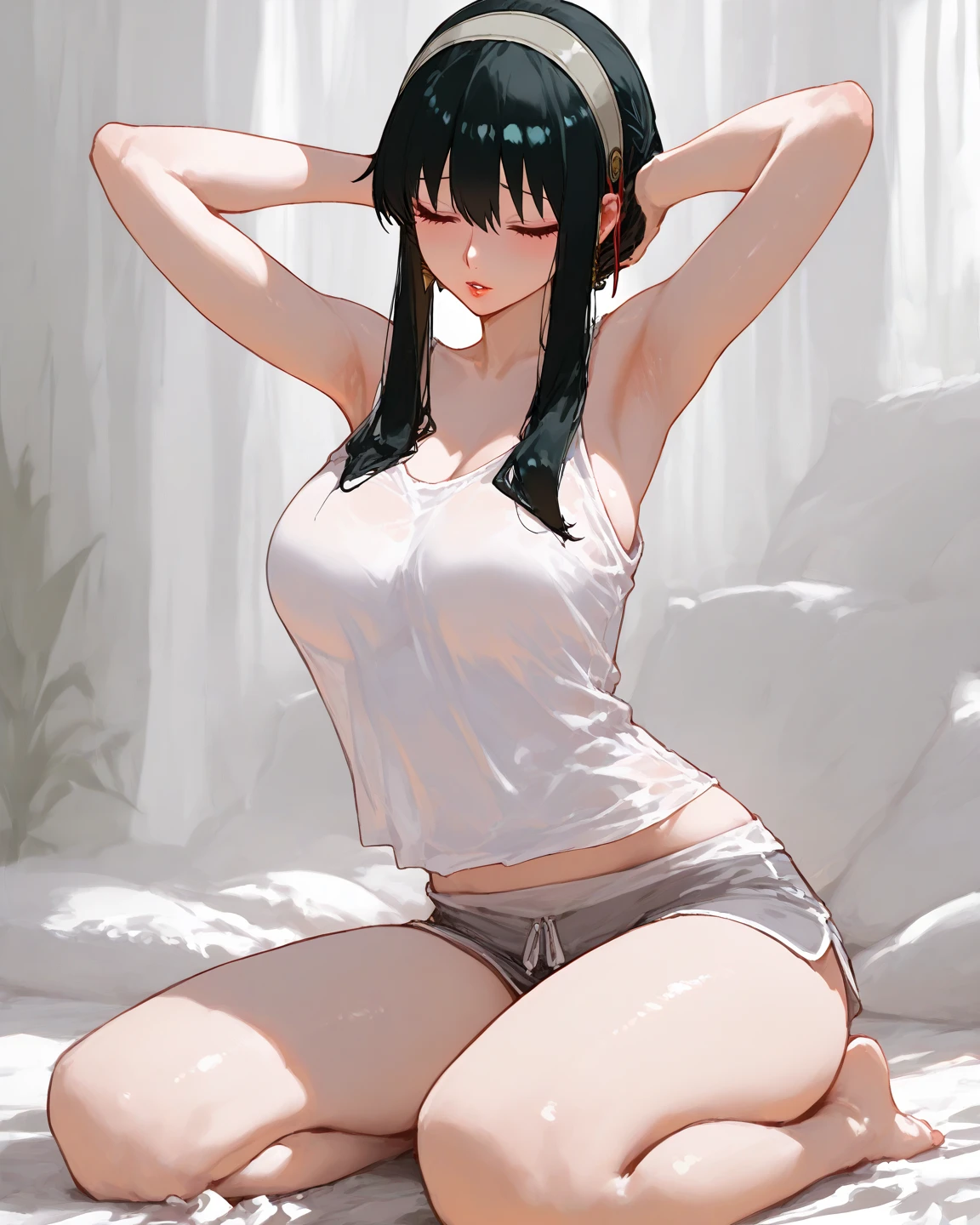 masterpiece、highest quality、High resolution、1 girl、her room、(alone)、beautiful long black hair、Bright red eyes、blush、shy、slender、Side 、take your eyes off、thin legs、thin thighuscular、white bed、(aayorf、white hair band、jet black hair)、(((mini camisole、Sexual black panties with detailed decoration、Beautiful round boobs)))、((sexual pose、Drawing Model Pose、standing in the room、armpit))、Photographing the subject from below、Panty shot、focus on panties、action pose、Aggressively exercising、Ready to Battle、attacking with a kick