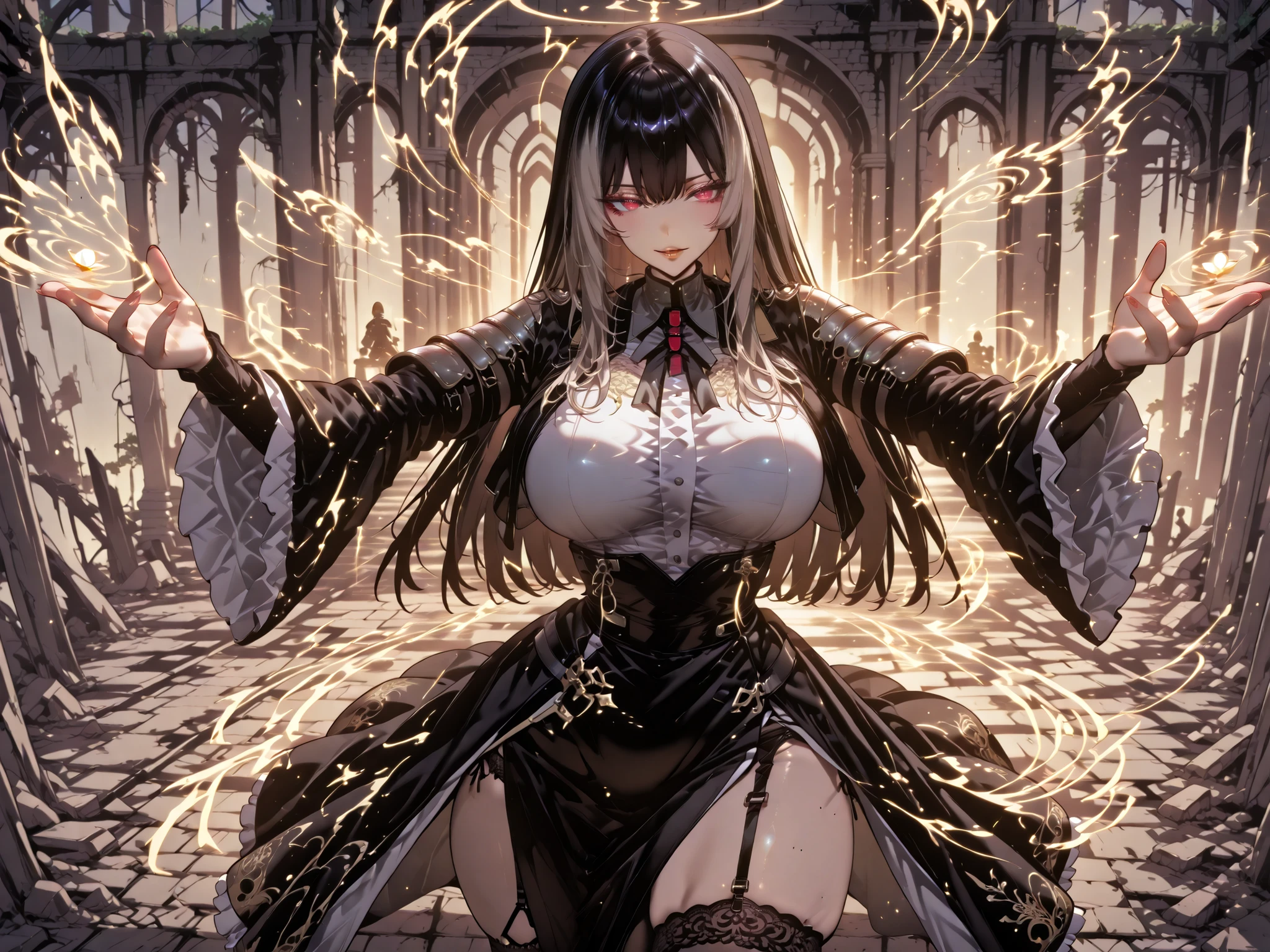 taken from above、Ball of Light、雷magic、caveの中、Ruins、black suit、black longsuit、 black long jacket、ゴスロリなshirt、Depressed、Tall Woman、A woman in her thirties、 Alassah's woman、Steins;Gate、 black longsuit 、score_9, score_8_up, score_7_up, Source_anime,masterpiece、No expression、no makeup、top quality,Beautifully Detailed Eyes, Exquisite Eyes、A sophisticated eye、highly detailed eyes and faces,unmotivated expression、lethargic face、 long breasts, Black Jacketを羽織る、Black Jacket、shirt, big saggy breasts, shockingly big breasts, big breasts,big boobs、boobs 、Zitoida, makeup、no makeup、long hair、smooth straight hair、tall woman、Tall Woman、plump thighs, parted lips、 shining eyes,(Fire Aura Onkown),dungeon内、Crimson Eyes、long hair、dark haired、黒い髪、long straight hair、dungeon、cave、Ruins、solo、soloプレイヤー、Wide ass、beautiful butt、stick your butt into the focus of your butt、long boots、Shoulder Armor、Fearless Laugh、strong、Is confident、black tight skirt with tarai in hand、Black Garter Belt、black tights、long tight skirt、Dynamic、Satu、fight、Satu狂、俺だけレベルupな件、arrogant、 Confidence々The smile 、bewitching smile、Sadist、Satu中、hunting、hunting、intimidating、magic使い、magic、magic、、Pearl of Light、Light Ball、左手にmagicの玉、plasma、plasma球、Glowing sphere、wear black tights