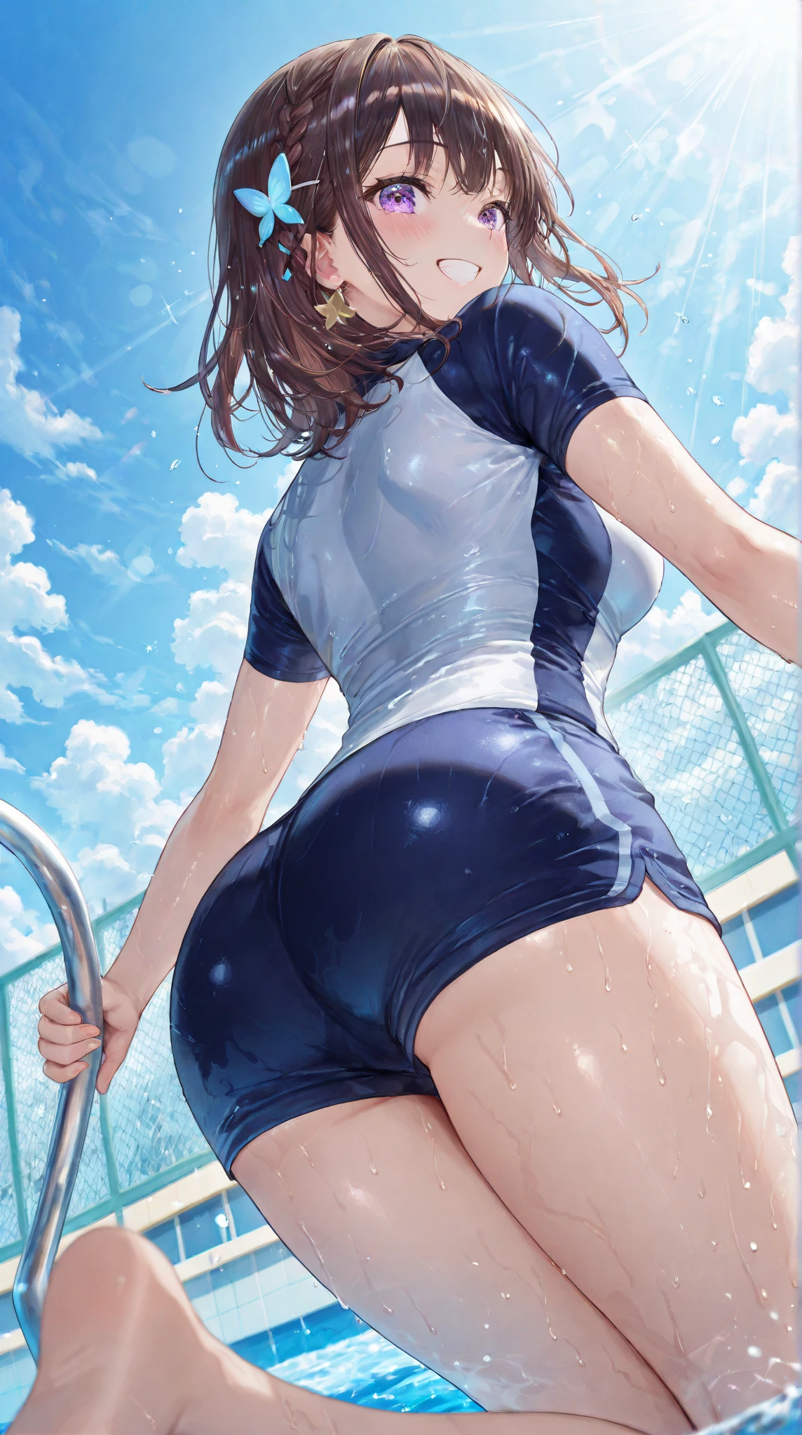 master-piece,hyper quality, hyper detailed,perfect drawing,solo, brilliant, beautiful, beautiful girl in swimsuit, round and cute ass, punipuni, meaty ass, ass sticking out pose, B99W66H110, height 140cm, chubby, plump, tanned skin, cheeky smile, swimming club, competitive swimsuit, One-piece type swimsuit, sober swimsuit, 18 years old, legs shoulder-width apart (30cm), embarrassed expression, blush, moist eyes, blue sky, school swimsuit, competitive swimming pool, taken from the back diagonally below, thin fabric swimsuit, forward light, sunlight, summer sky,