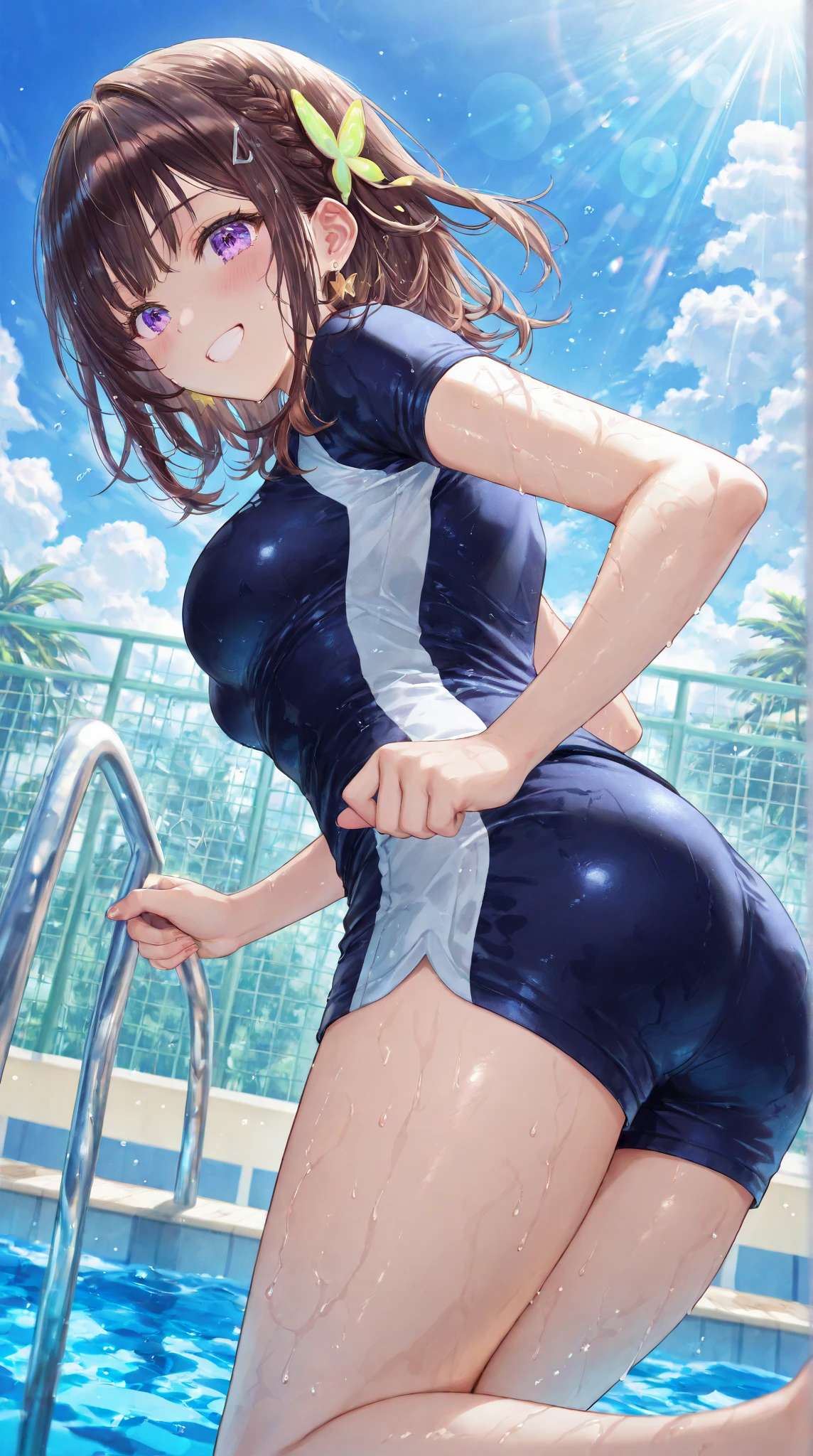 kuroda kazuya, score_7_up, source_anime, very aesthetic, absurdres, rating explicit, 1girl, solo, looking at viewer, blush, cowboy shot, large breasts, chain-link fence, ass, competition school swimsuit, fence, one-piece swimsuit, outdoors, pool, poolside, starting block, wading, water, wet