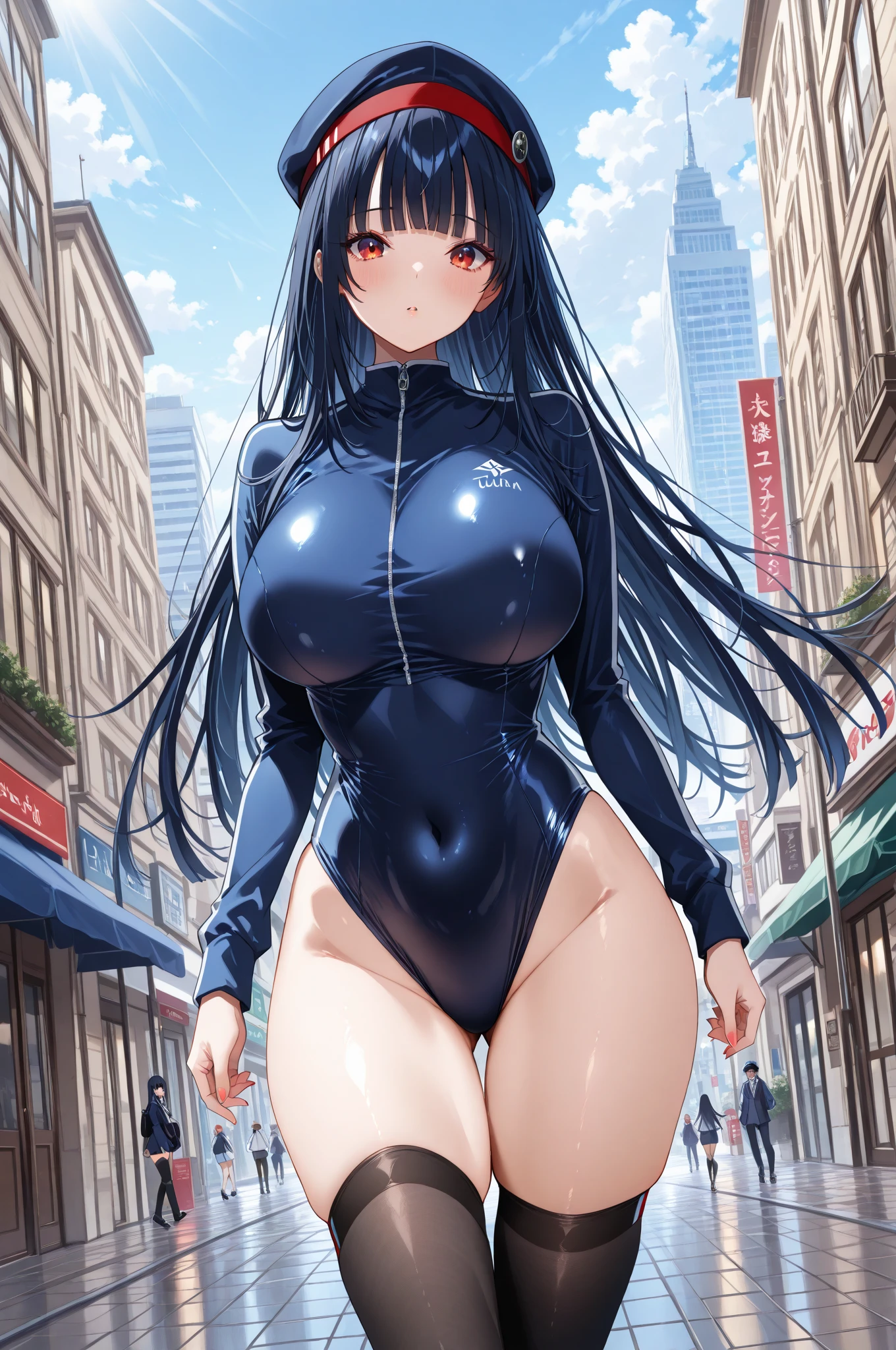 (1girl) ,leotard++, short jacket,black hair, extremely long hair, hand in waist,boots,blue eyes, angry, street, (((muscular))), huge breasts, thick thighs,   (pale skin), leotard+++,((pov from below))