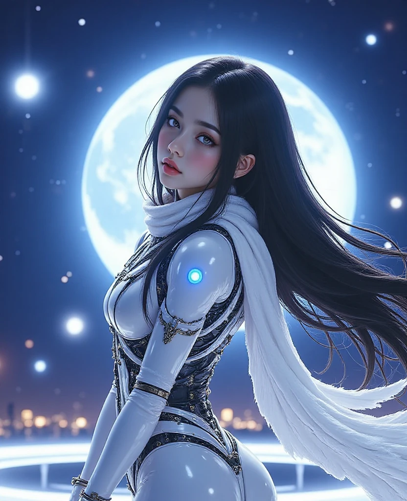 Korean girl, white long hair with bangs, icy blue eyes, white skin, white skimpy ninja suit, video game style, mortal kombat style