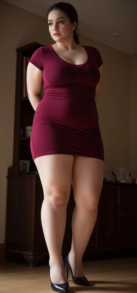 Chubby woman with fat belly and toned thighs, whole body, 50 year old mature woman, Thick waist, Thick neck, Thick chest, Big eyes, Wearing the longest dress, Wearing sneakers, whole body, Plump armpits、nsfw, (spread pussy:1.3)	