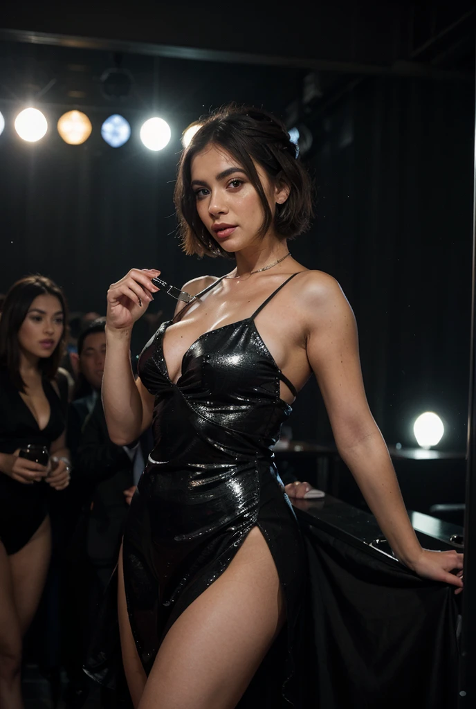 Realistic photo, in 8k, In a nightclub. 18-year-old Brazilian young woman, She is 5 feet 7 inches tall, She has a slender face, she has freckles, She has a bob haircut, she has tanned skin, she has a 90E bra size, She has a slim waist, she has big buttocks , She is wearing a short, fitted red dress with sequins, with a natural smile, she is dancing