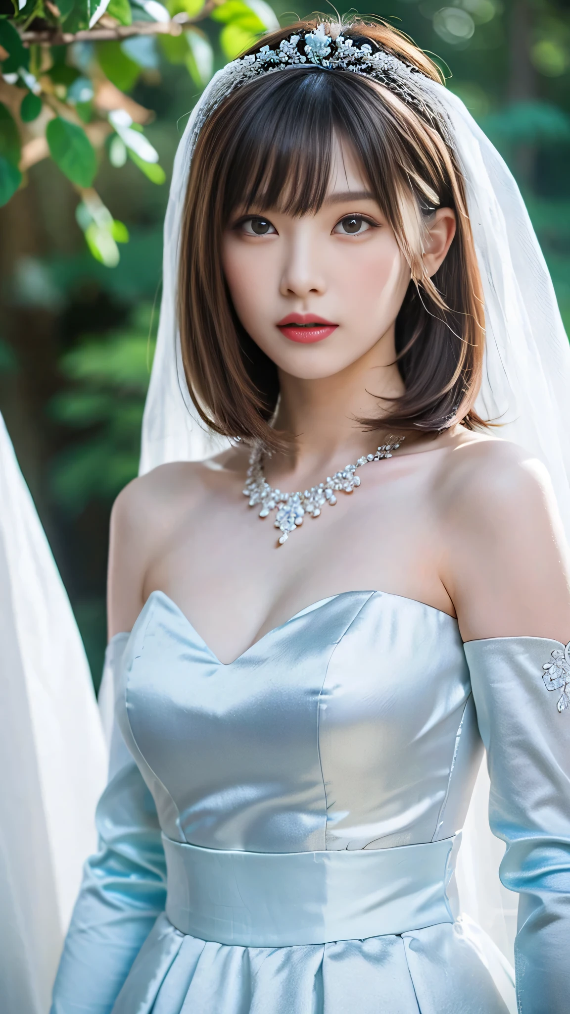 (Portrait of the upper body taken directly from the front),((Woman wearing a long sleeve wedding dress made of shiny pale blue satin fabric)),(masterpiece, top quality , Ultra High Accuracy),very detailed CG,(Eye makeup to lengthen eyelashes),(Straight bob hair with bangs),Wedding headdress,Luxurious and Beautiful Necklaces, cool hanging eyes ,(They are staring at us with an expression that looks like they are aiming for prey),Luxurious skirt made of shiny pale blue satin fabric,((I'm in a dark forest )),Close-up photo of the upper body