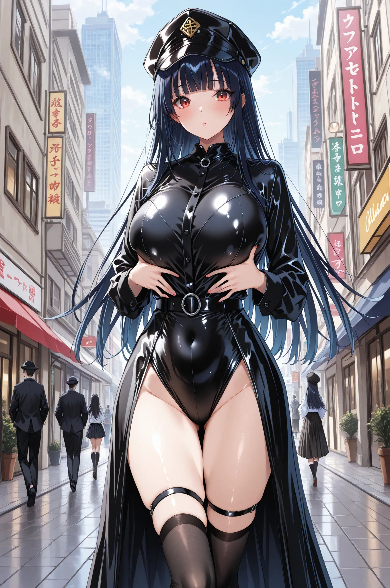 Realistic girl wearing a latex suit, subtly expressing a notorious "Ahegao" face, moved her eyes slightly. The intense realism and mischievousness of her expression invites playfulness. Latex suits, meticulously detailed with intricate patterns and textures, perfectly captured every curve and contour. High-resolution, full-frame images showcased her vibrant and playful personality, with the sunlight streaming in from the background casting a mesmerizing glow on her curves, teasingly enhancing her charm. Despite the skin-tight latex outfit, her playful attitude remained unmistakable, adding to the captivating allure of this portrait.