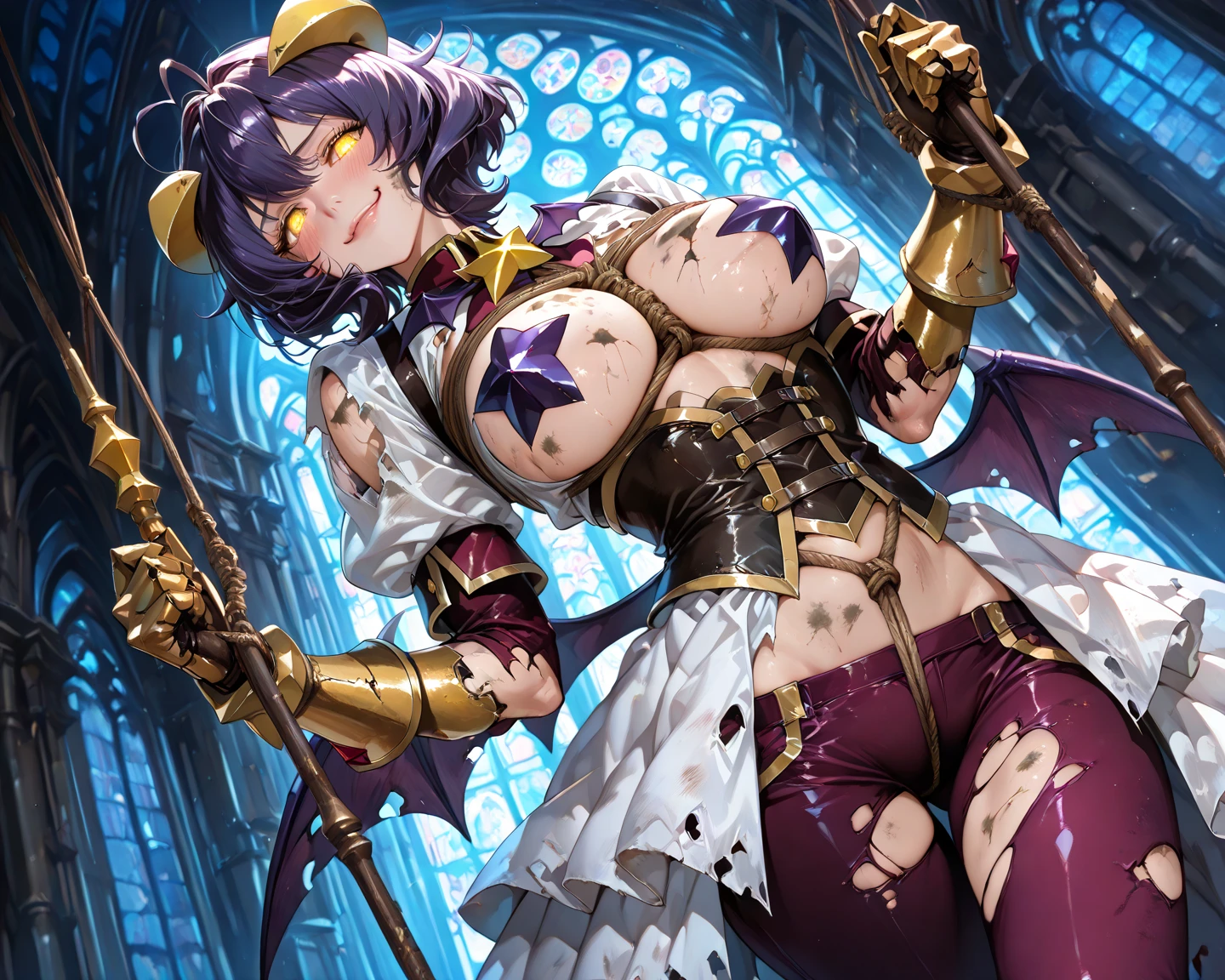 1 person、middle aged、Stubble、lizard man、masterpiece、Highest quality、Light blue lace lingerie, bra、Knee-high socks、garter belt、There are scars all over the body、Has a scar on one eye、Troubled face、blush、Medieval Tavern at Night、Full body illustration、Grey body、太いAss尾、Side view、Ass、He carries a huge sword on his shoulder.、White lace veil