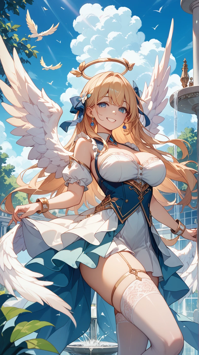 4k,High resolution, (Highly detailed CG Unity 8k wallpaper: 1.3)、one woman,blonde,long hair,blue eyes,huge tit,Valkyrie,white holy armor,jewelry embellishments,winged hat,temple in the sky.Clean detailed eyes.big breasts