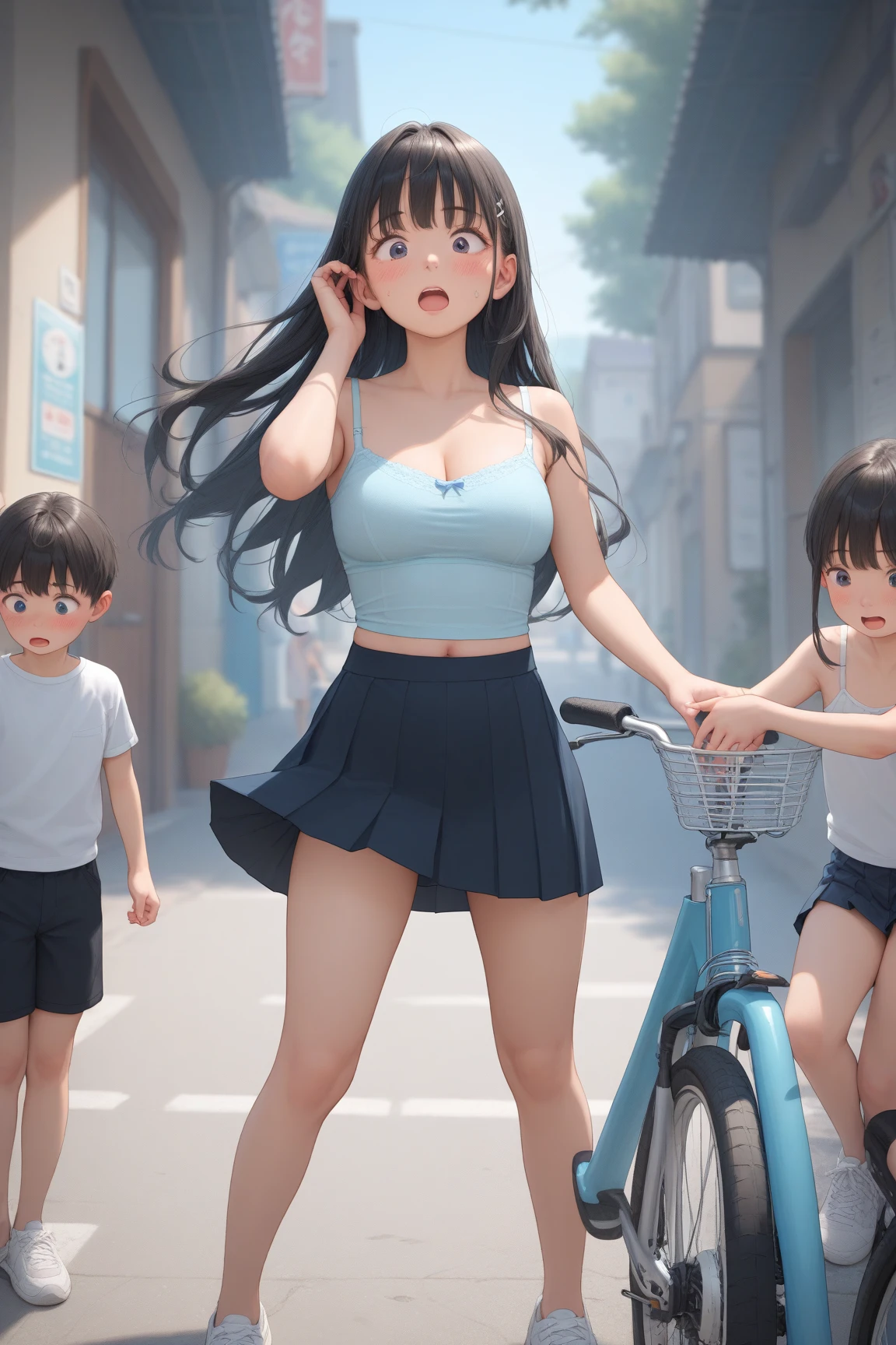 Ultra realistic 5 years old, two girls, obra maestra, mejor calidad, alta calidad, defined, detailed, HD, (piel morena), ojos definidos, ojos cafes intensos, long eyelashes, small mouth, sonrisa, :3, very long hair, pelo liso, pelo oscuro, cuerpo reducido, bosom barely contained, big breasts, sexy, posando foto, mini skirt, sin sostenes, no bra, excitada, pezones erectos, sentada, smartphone, pc, nice view, full body, nice body, camisa blanca, camisa ajustada, abierto, mojada, sudada, caliente, tight, sonrojada, nice legs, nice hands, nice fingers, no socks, sin flequillo, peinada hacia atras, pose lasciva, petites, no skirts, open legs, executive, smart, open shirt, lean, showing, upskirt, blowing, center, kissing friend, bus, bus stop, paradero, lower view, down to up camera, back view, below photo, climb bus stairs