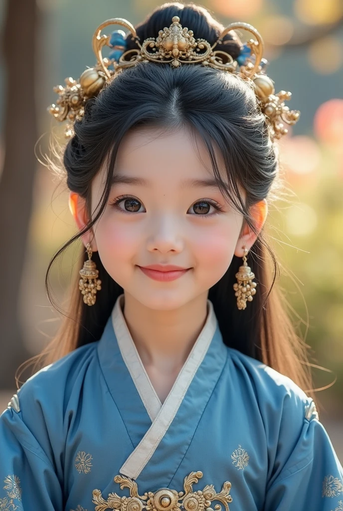 Wearing a blue and gold dress、Alaphid Asian girl with dragon, palace ， 一个穿着Hanfu的女孩, chinese princess, ancient chinese princess, Chinese style, traditional Chinese, Wearing ancient Chinese clothes, traditional Chinese clothing, beautiful fantasy queen, beautiful chinese girl, ((beautiful fantasy queen)), asian dynasty princess, Hanfu, Pair with Chinese clothing