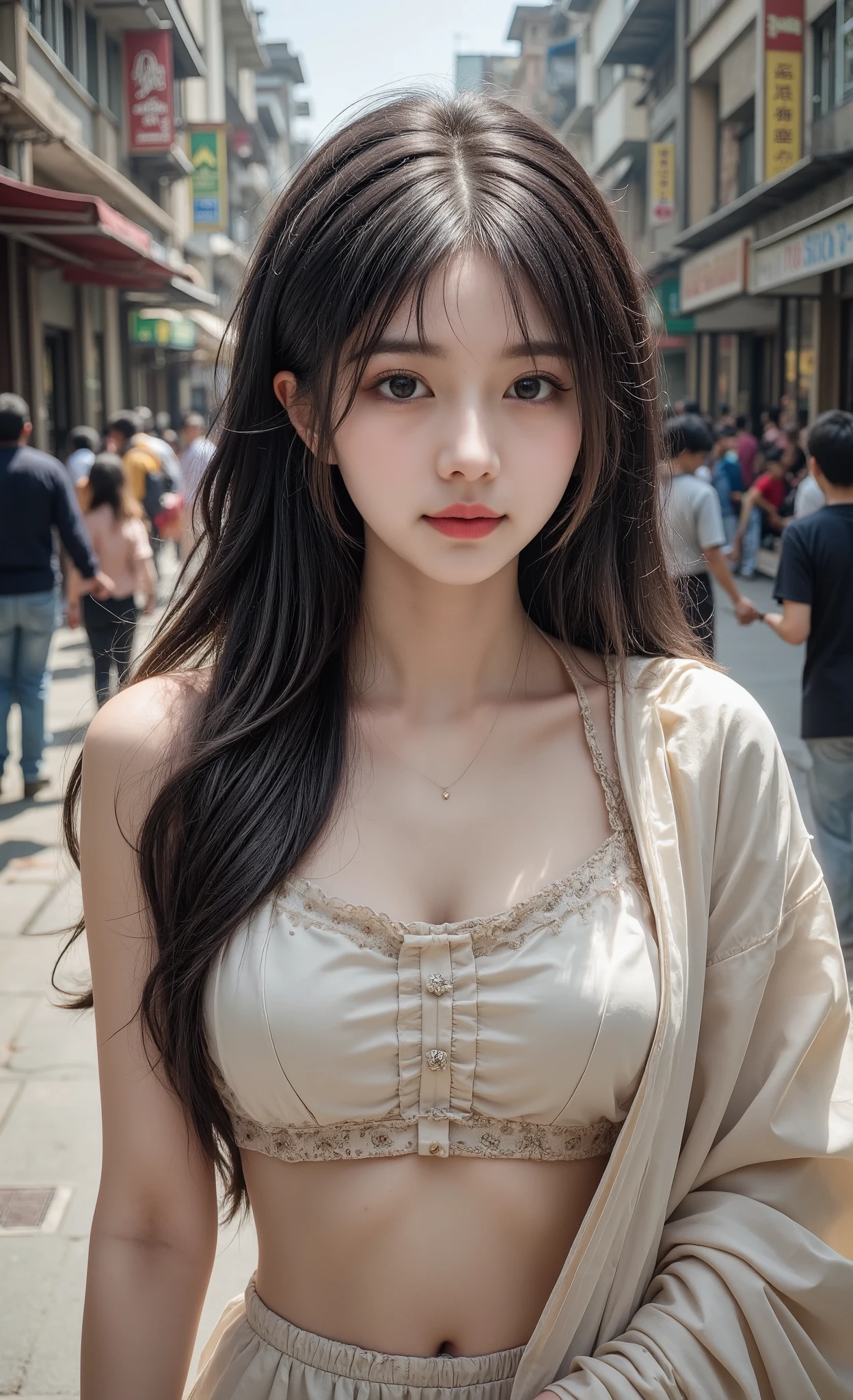 ((Best Quality)), ((Masterpiece)), (Detail: 1.4), 3D, Beautiful Cyberpunk Female Image, HDR (High Dynamic Range), (Piazza dei Miracoli background,crowd),Ray Tracing, NVIDIA RTX, Super Resolution, Unreal 5, Subsurface Scattering, PBR Texture, Post-Processing, Anisotropic Filtering, Depth of Field, Maximum Sharpness and Sharpness, Multi-layer Texture, Albedo and Highlight Mapping, Surface Coloring, Mitsu-Accurate Simulation of Material Interactions, Perfect Proportions, Octane Rendering, Two-color Light, Large Aperture, Low ISO, white balance, regular three-point, 8K RAW, beautiful bright pupils, off-the-shoulder clothes, fine pupils, delicate face and eyes, long eyelashes, blush, delicate and fluffy hair, pink lips, pure, cute, sweet girl, artistic sense, casual wear, high-end sense